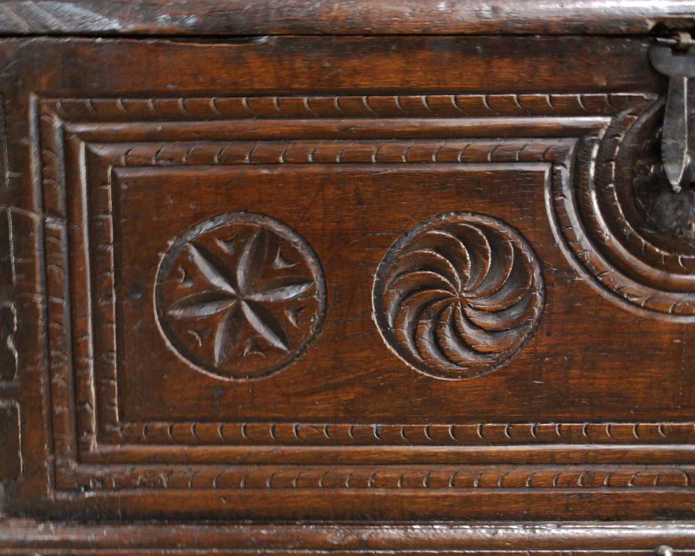 Rustic Antique 17th Century Spanish Chestnut Carved Trunk or Chest For Sale