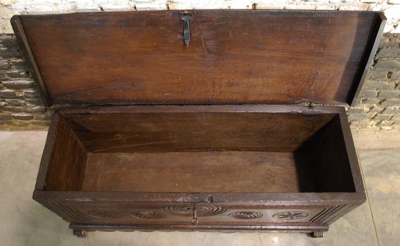 Antique 17th Century Spanish Chestnut Carved Trunk or Chest For Sale 1