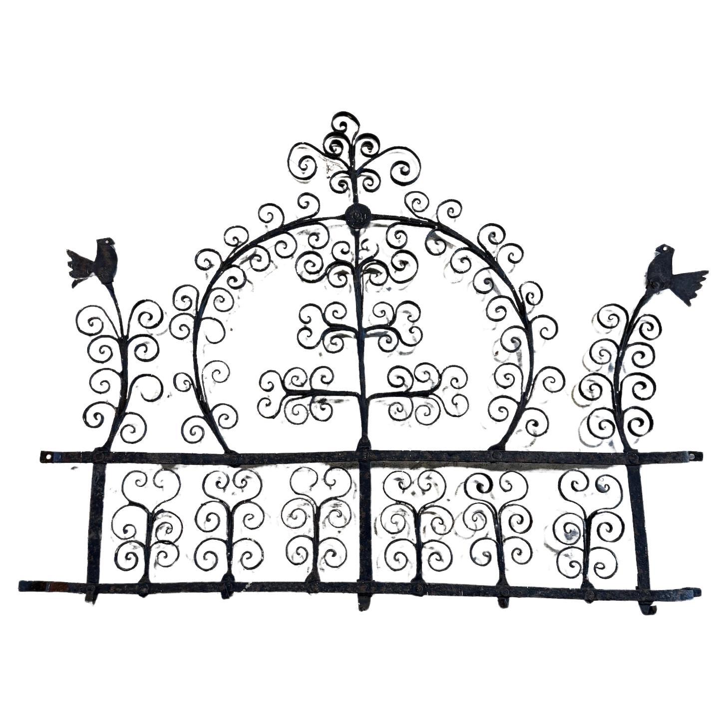Antique 17th-Century Spanish Hand-Forged Wrought Iron Wall Rack with Bird Motif