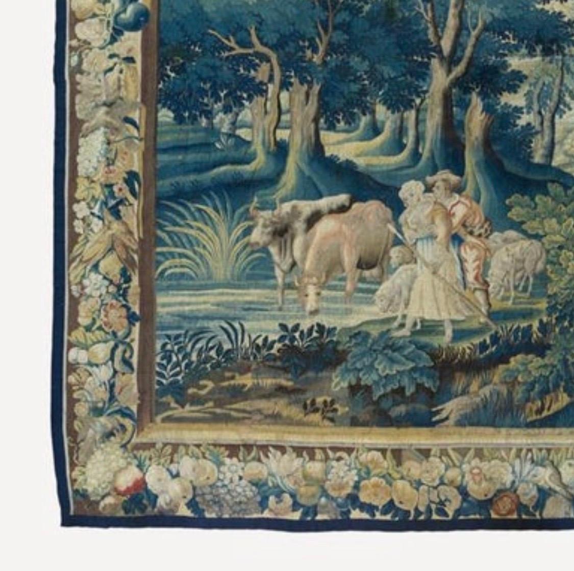 Antiguo Tapiz Cuadrado Flamenco de Verdura de Paisaje de Finales del Siglo XVII Barroco en venta