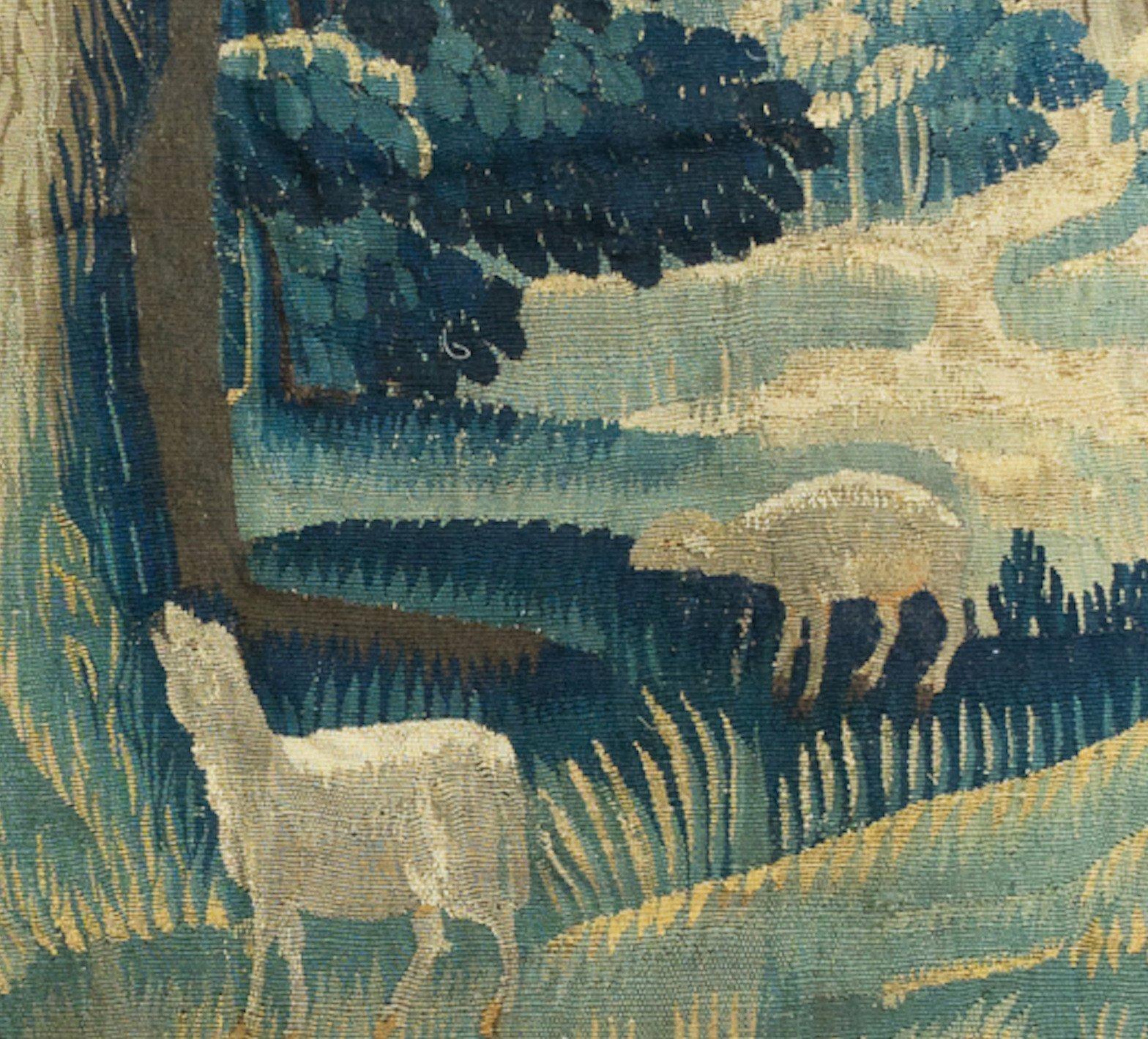Belgian Antique Vintage 17th Century Square Green Flemish Verdure Landscape Tapestry