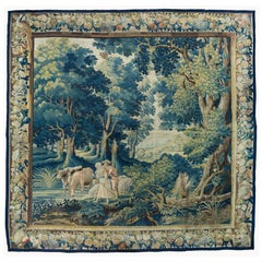 Tapisserie ancienne carrée de paysage flamande Verdure du 17ème siècle