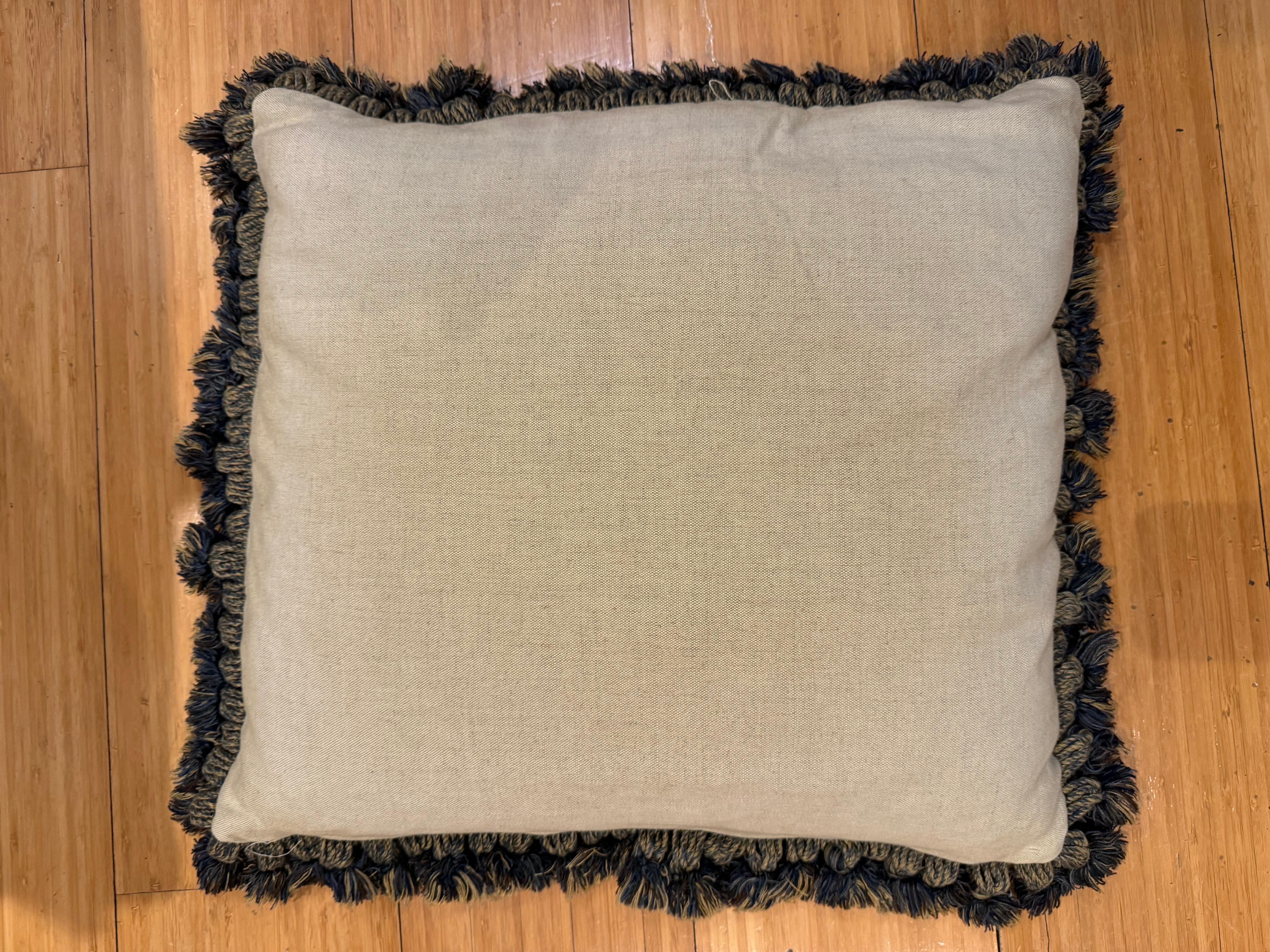 Stunning 17th Century Verdure Tapestry pillow with foliage and petite tassels that will brighten up any sofa, canapé or settee! Tan velour backing and petit tassels. They each measure 20 x 22 inches.

We have another 3 pieces in stock.  Please send