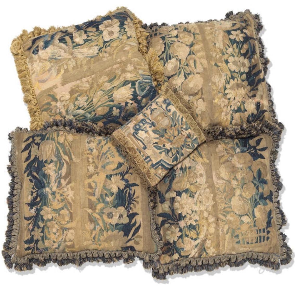 Stunning 17th Century Verdure Tapestry pillow with foliage and petite tassels that will brighten up any sofa, canapé or settee! Tan velour backing and petit tassels. They each measure 20 x 22 inches.

We have another 3 pieces in stock.  Please send