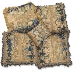 Antique 17th Century Verdure Tapestry Pillow with Foliage and Petite Tassels