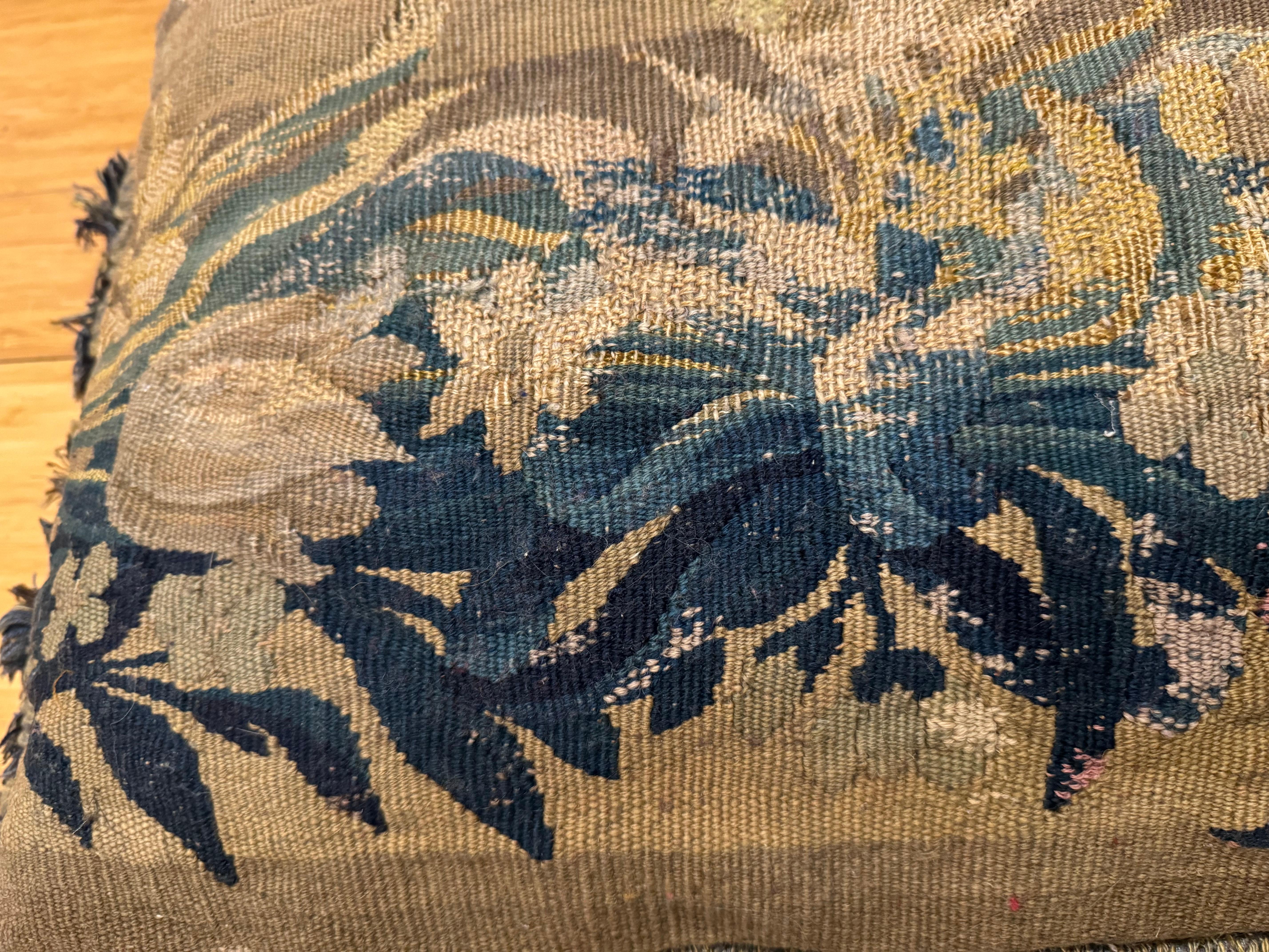 Belgian Antique 17th Century Verdure Tapestry Pillow with Foliage and Petite Tassels For Sale