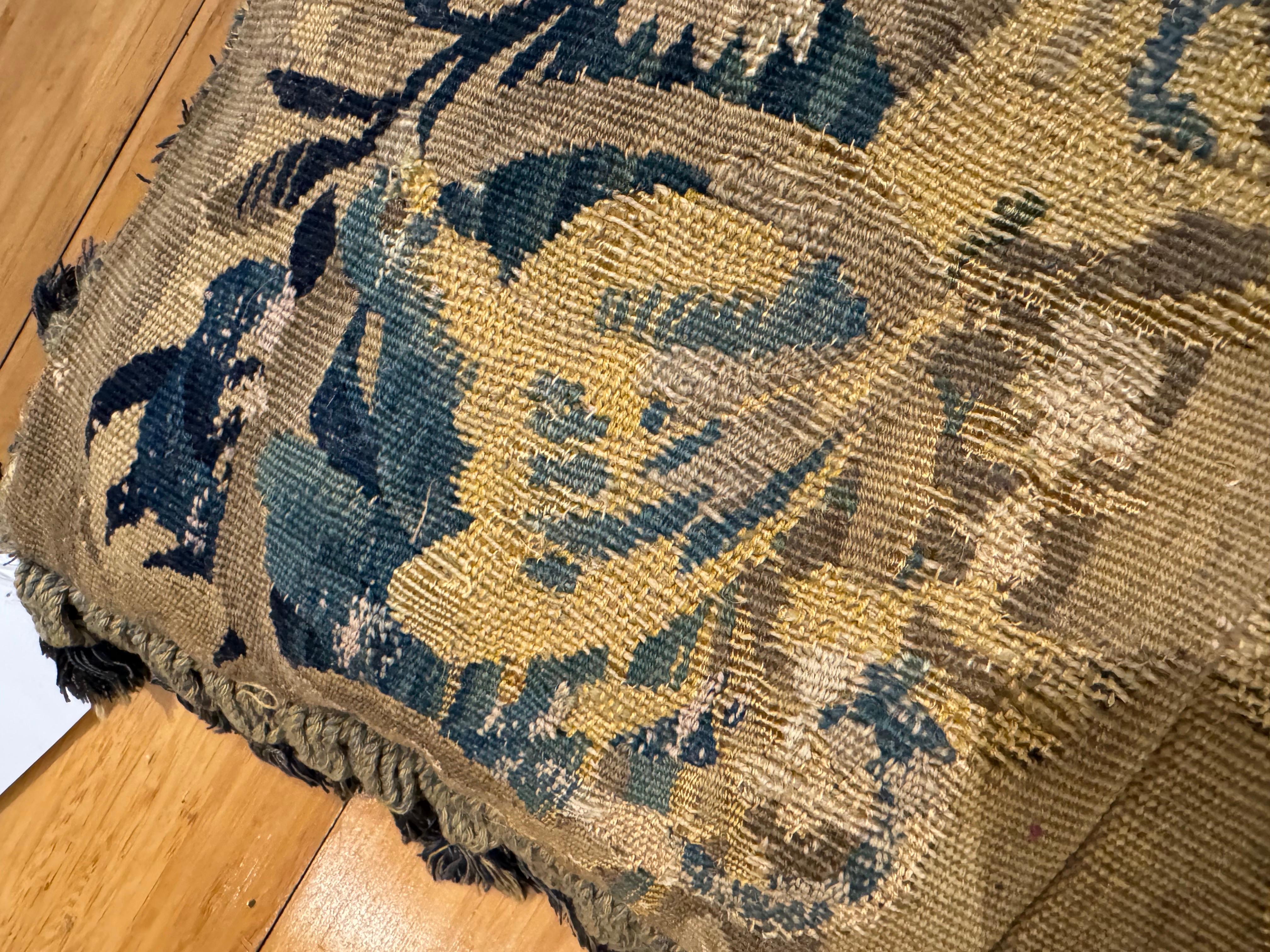 Hand-Woven Antique 17th Century Verdure Tapestry Pillow with Foliage and Petite Tassels For Sale