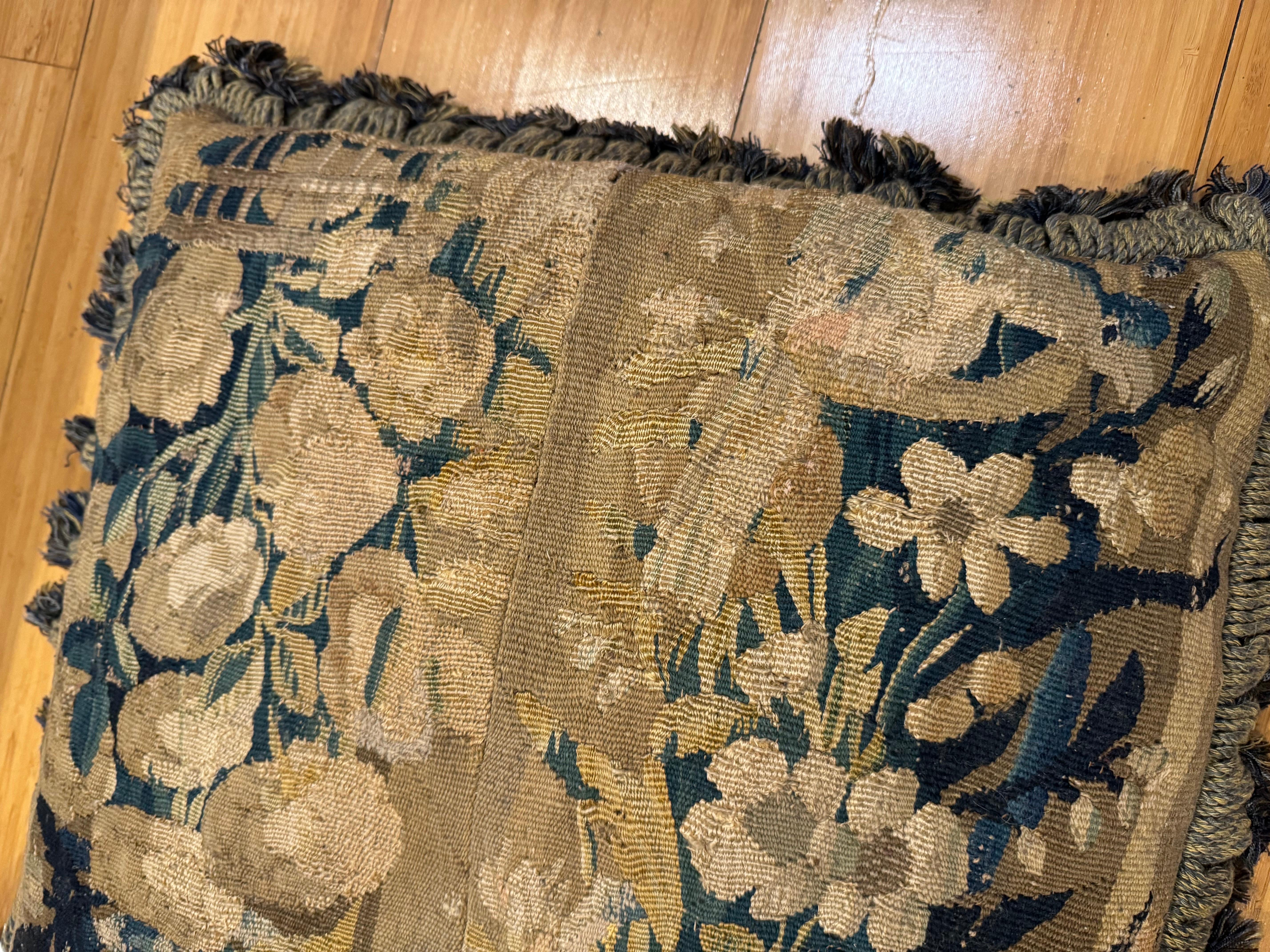 Belgian Antique 17th Century Verdure Tapestry Pillow with Foliage and Petite Tassels