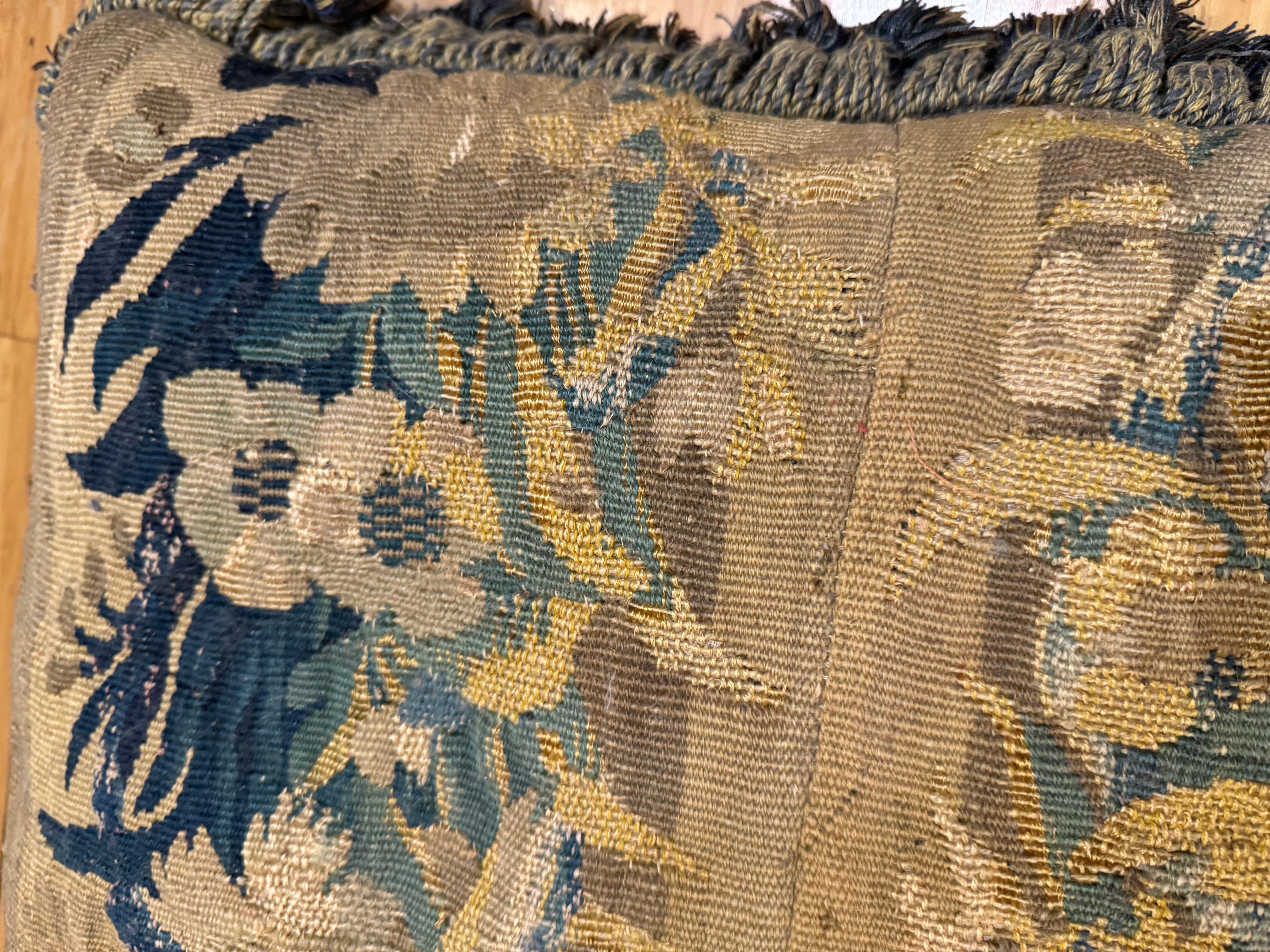 Antique 17th Century Verdure Tapestry Pillow with Foliage and Petite Tassels In Good Condition For Sale In New York, NY