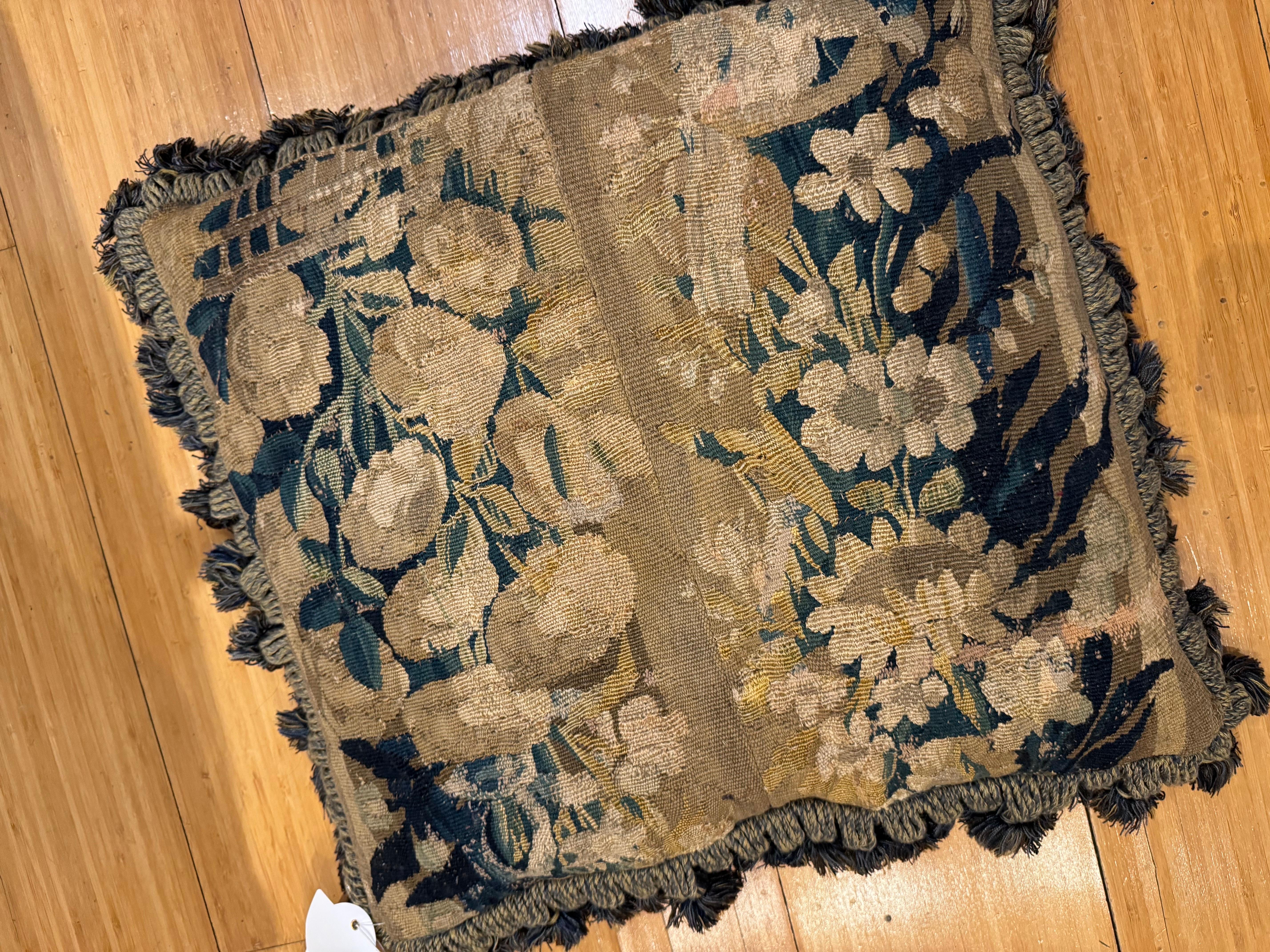 Hand-Woven Antique 17th Century Verdure Tapestry Pillow with Foliage and Petite Tassels