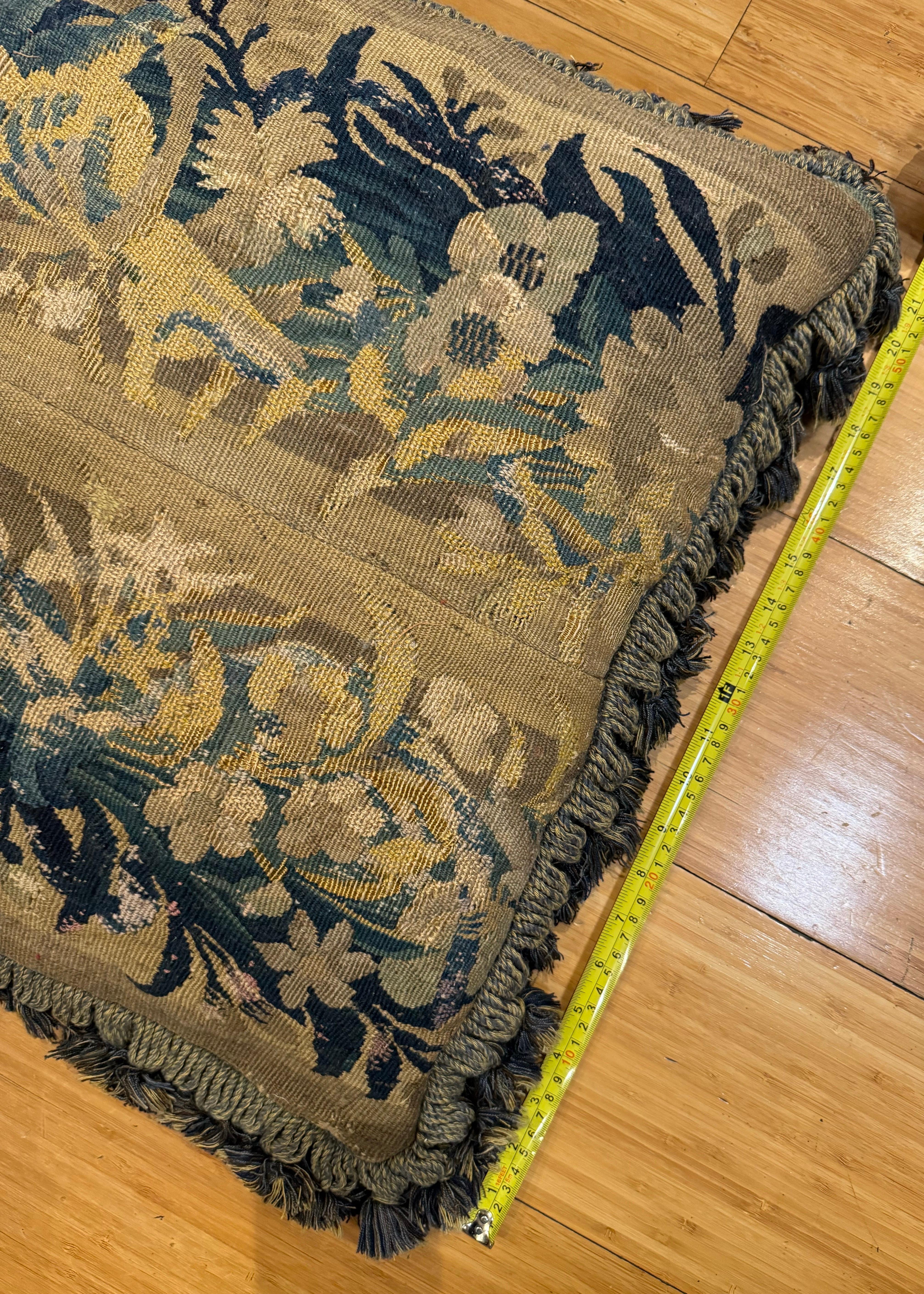 18th Century and Earlier Antique 17th Century Verdure Tapestry Pillow with Foliage and Petite Tassels For Sale