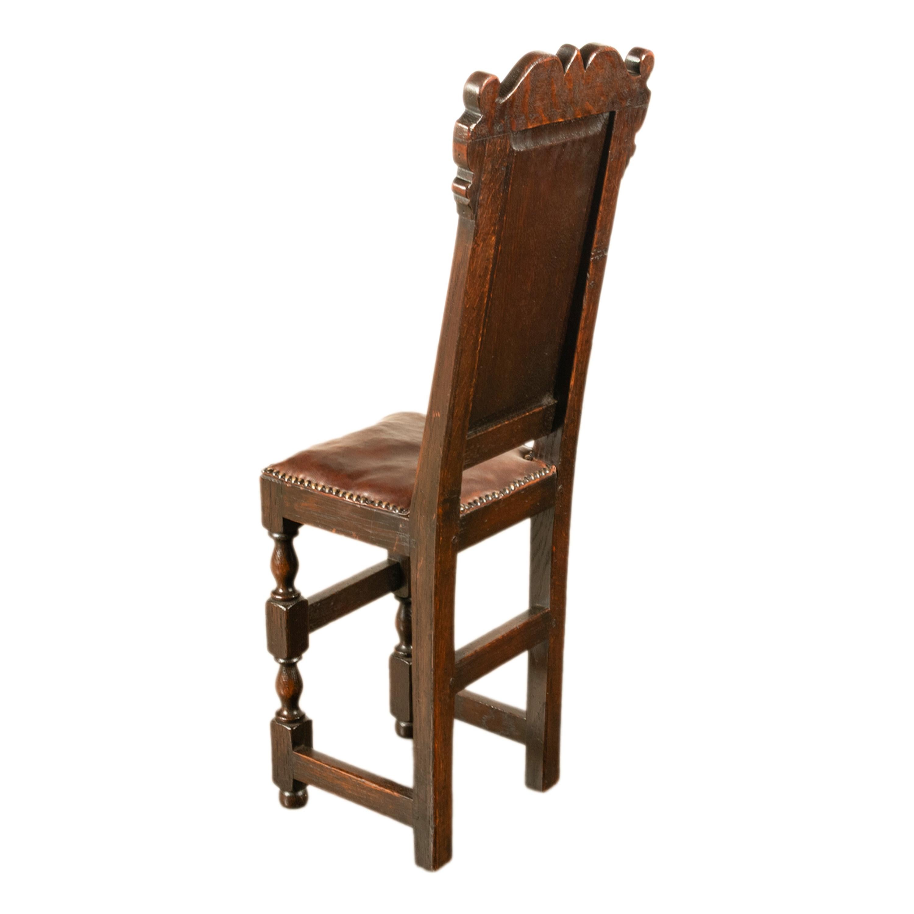 Leather Antique 17th Century William & Mary Carved Oak Child's Wainscot Chair Yorks 1690