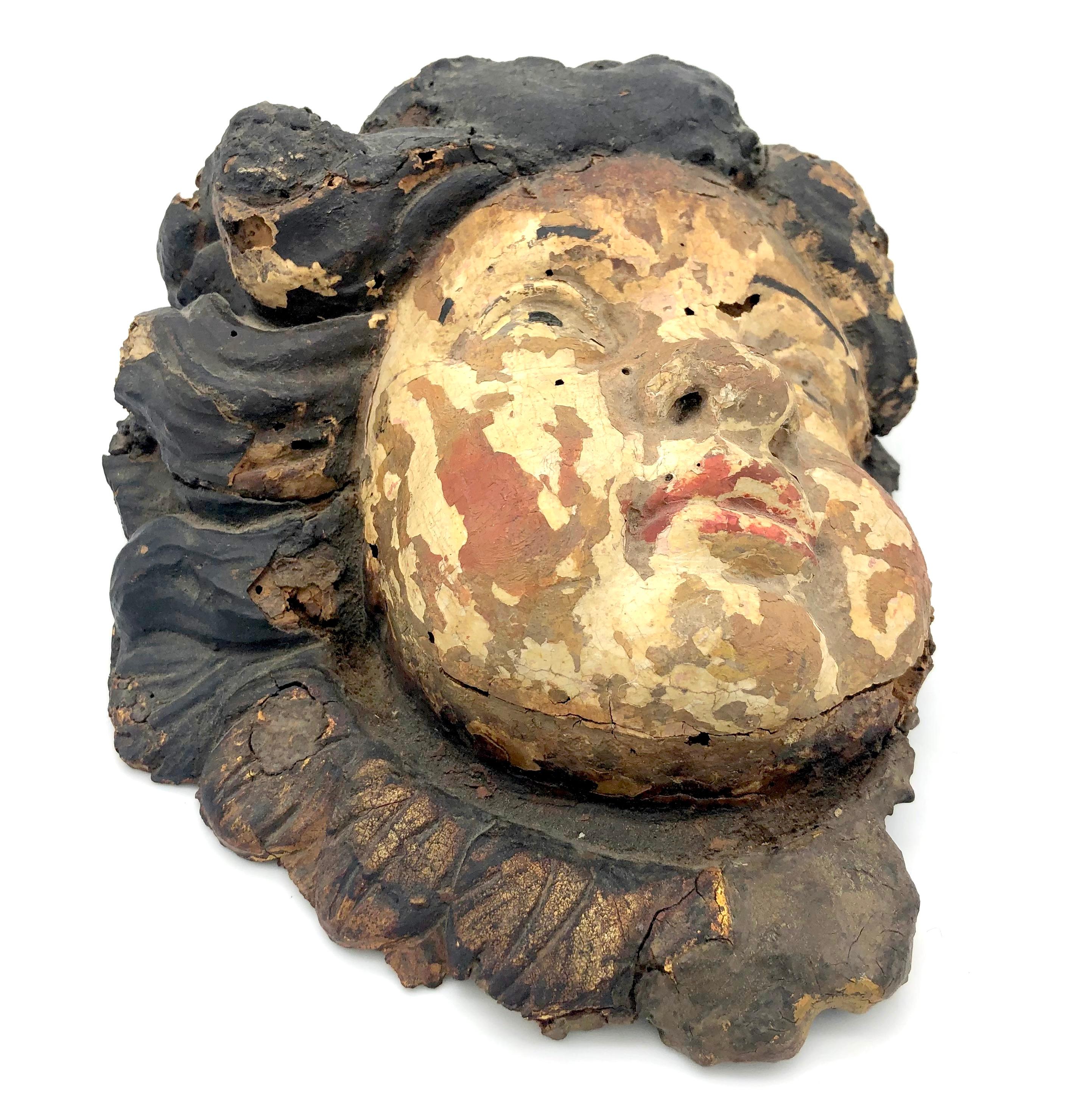 18th Century and Earlier Antique 17th Century Wood Carving Fragment Angel Original Paint For Sale