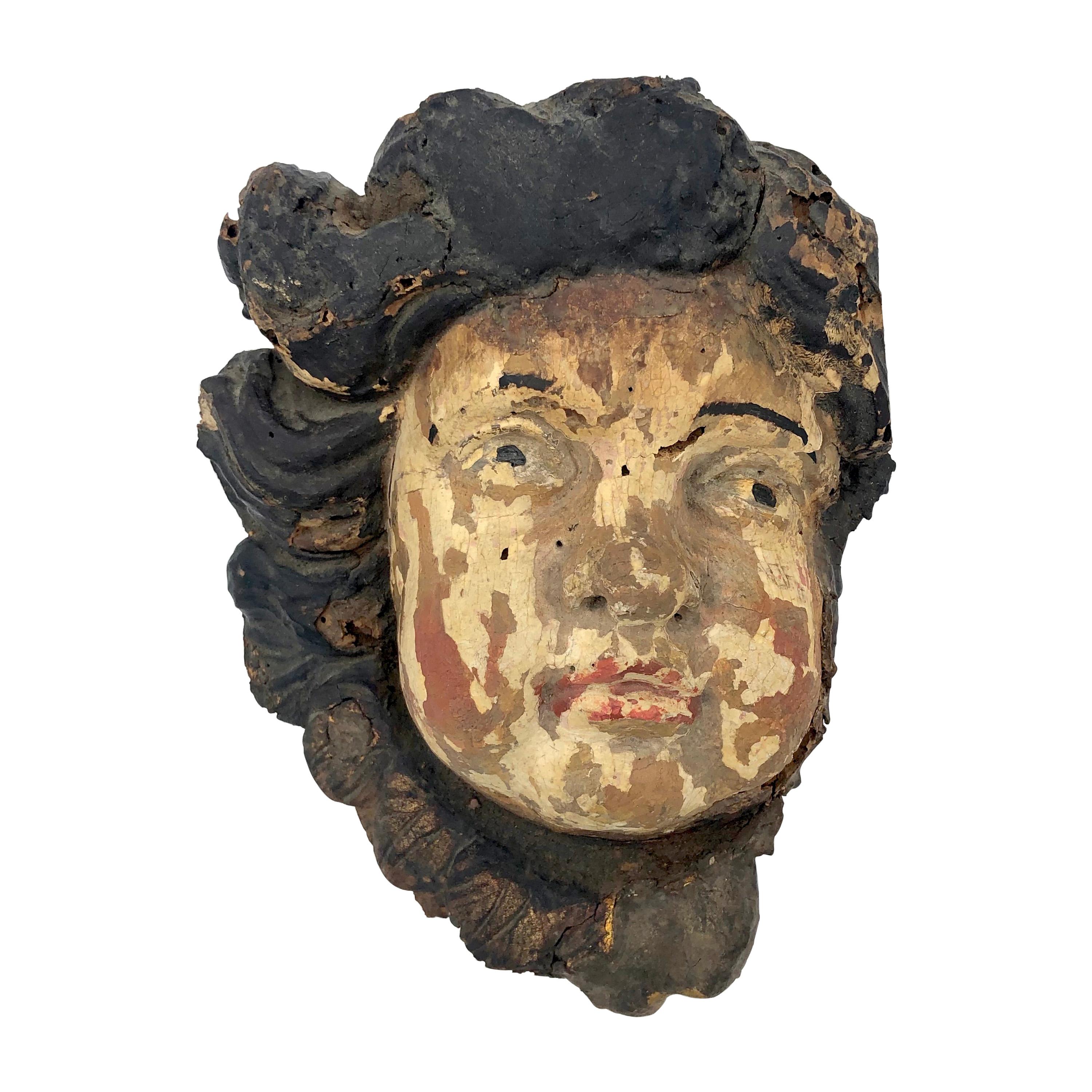 Antique 17th Century Wood Carving Fragment Angel Original Paint For Sale