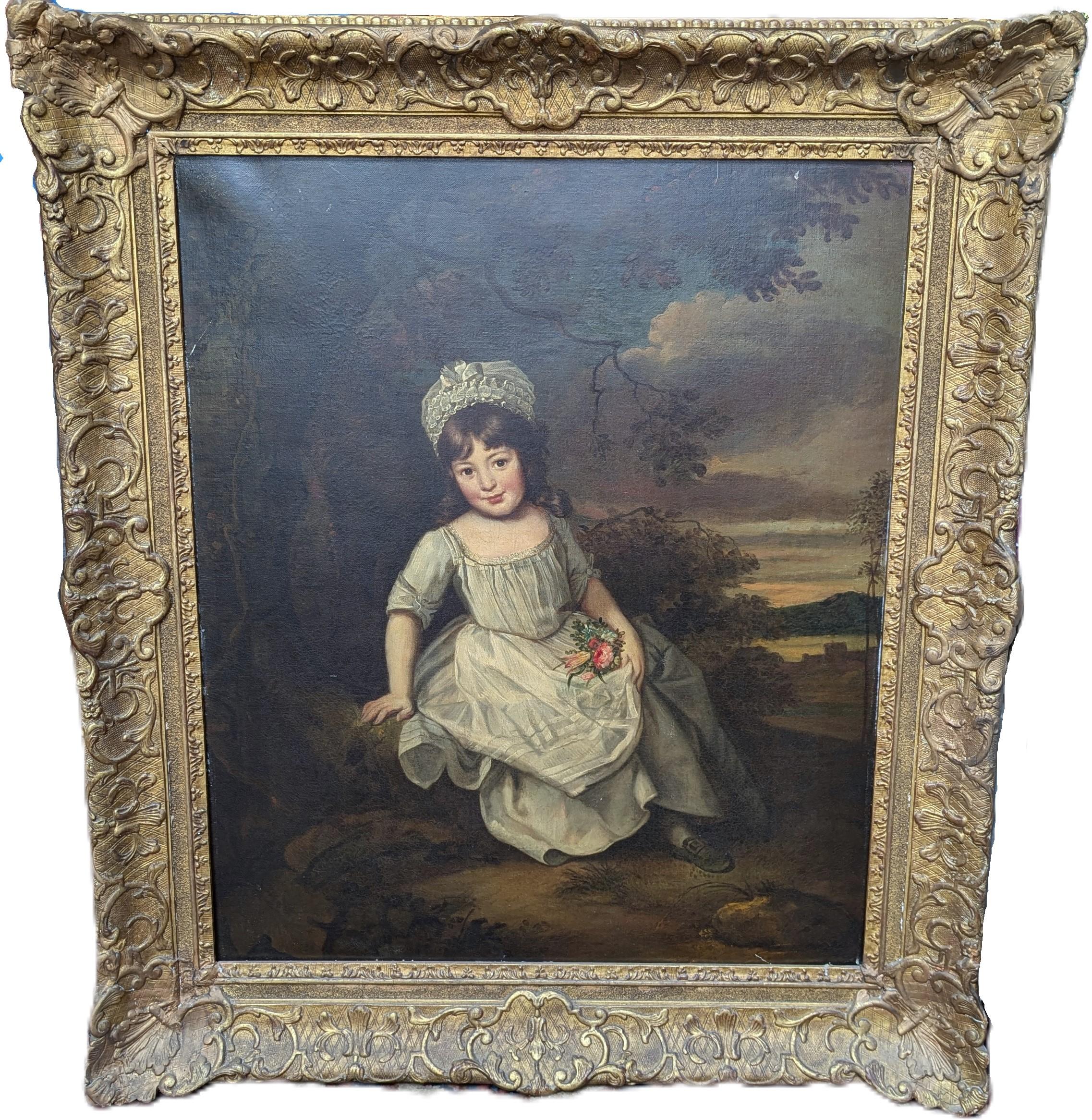 Elegant antique oil painting circa 17th or 18th century of a little girl, most likely the daughter of a prestigious doctor or scholar. There is a note attached on the back that reads 