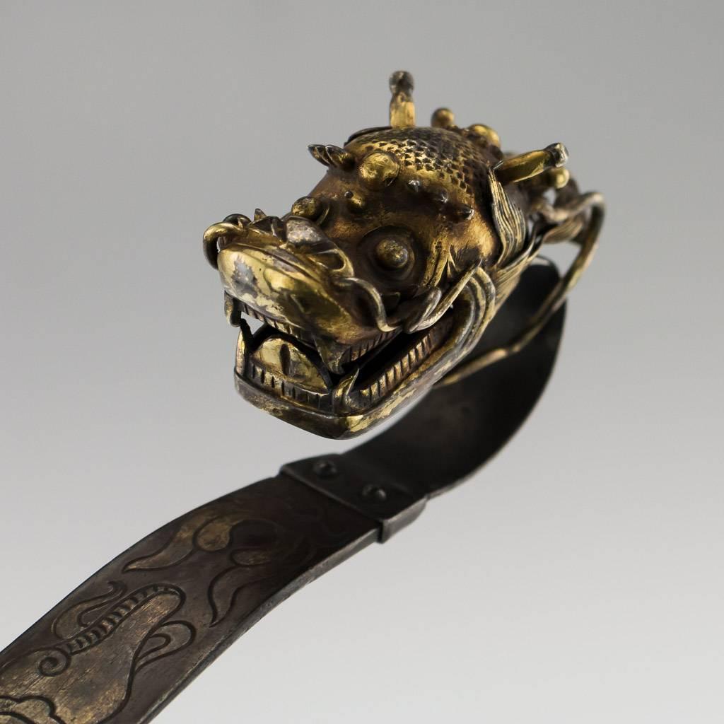 18th Century and Earlier Antique Chinese Qing Dynasty Solid Silver-Gilt Dragon Ruyi Sceptre, circa 1660