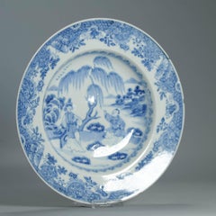 Antique 18/19C Japanese Edo Porcelain Blue White Dish Figures Ladies Pagoda