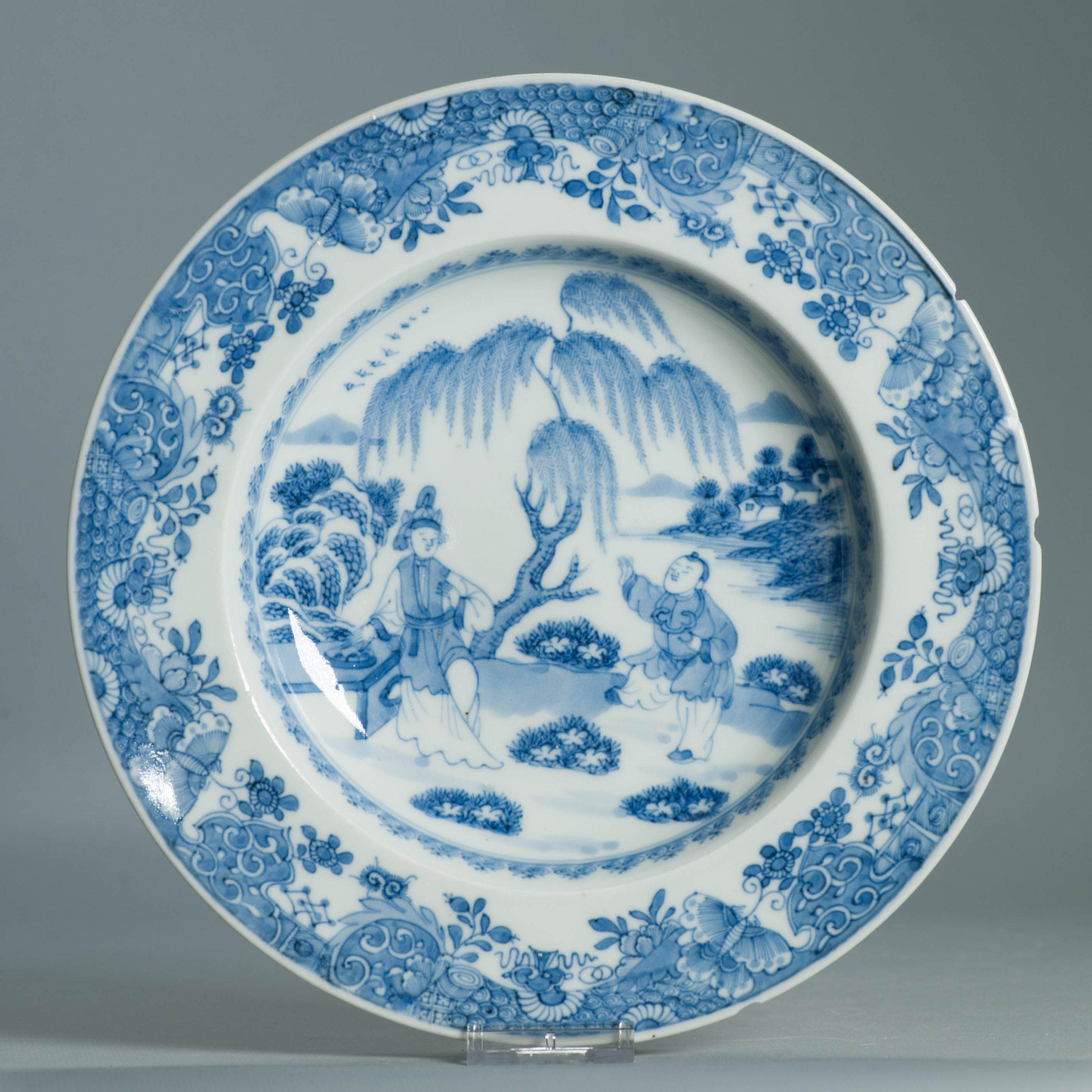 Antique 18/19C Japanese Edo Porcelain Blue White Dish Figures Ladies Pagoda For Sale