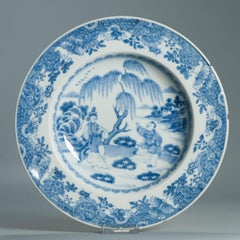 Antique 18/19C Japanese Edo Porcelain Blue White Dish Figures Ladies Pagoda