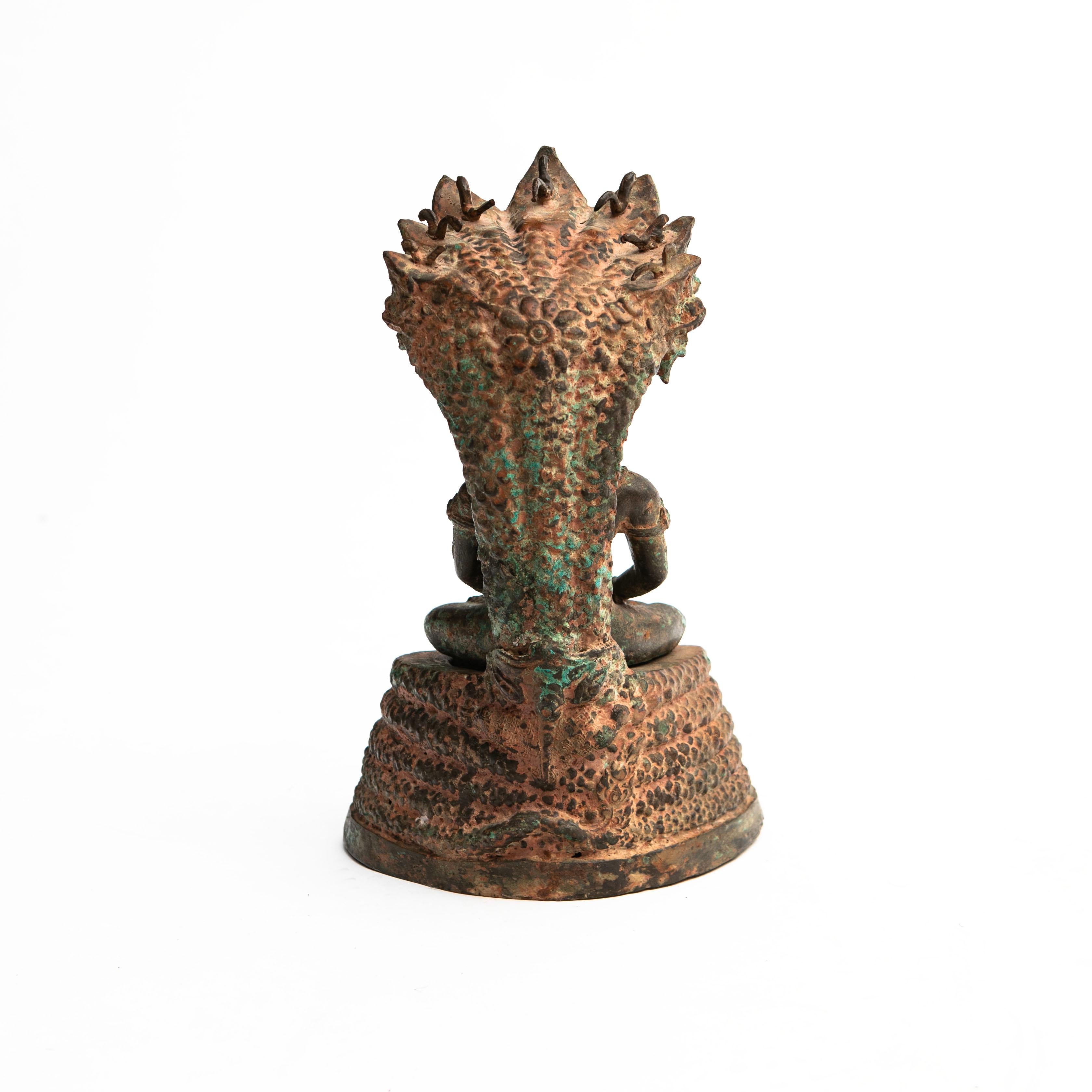 Burmese 18-19th Century Bronze Naga Meditating Bronze Buddha Statue For Sale