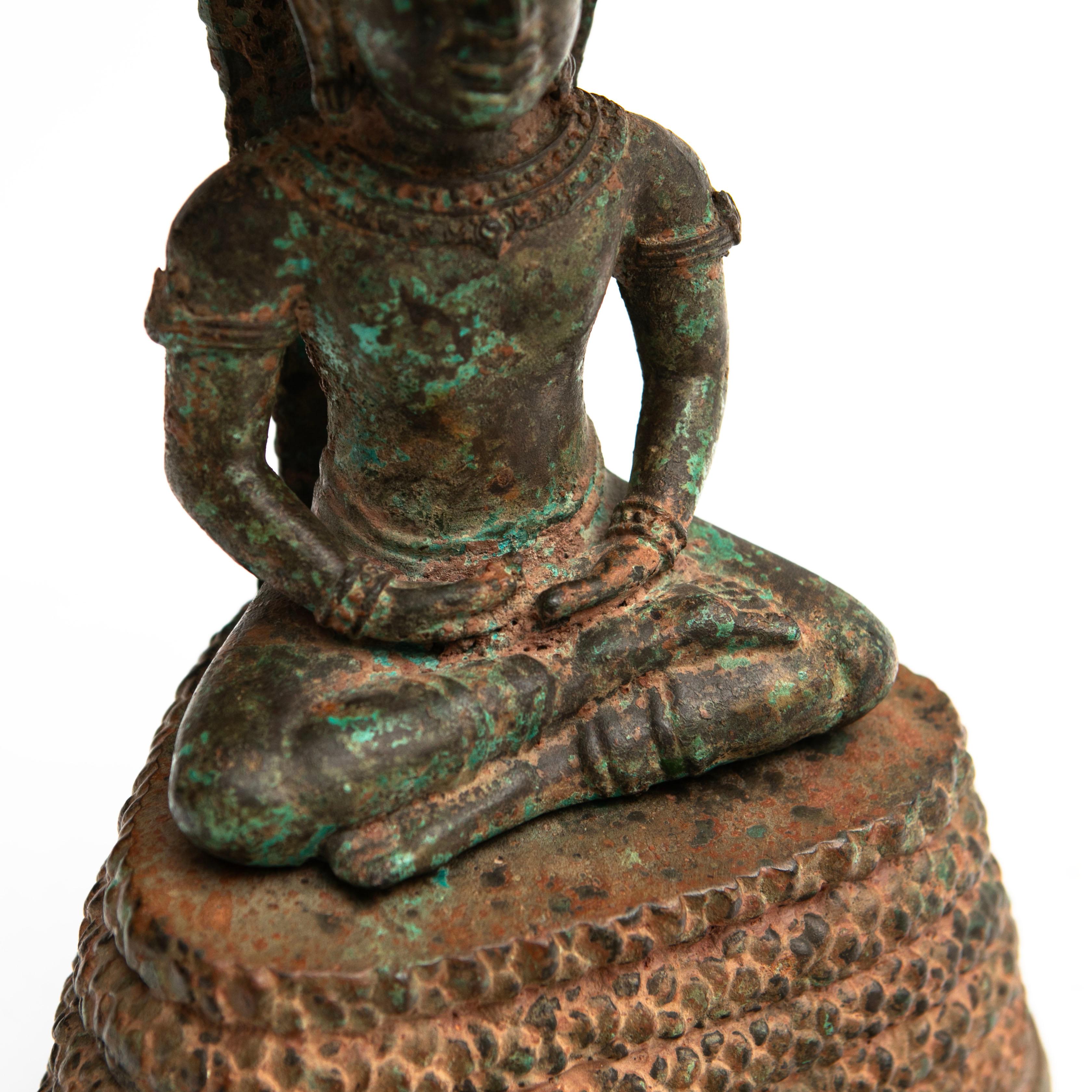 Antique 18-19th Century Bronze Naga Meditating Buddha Statue For Sale 3