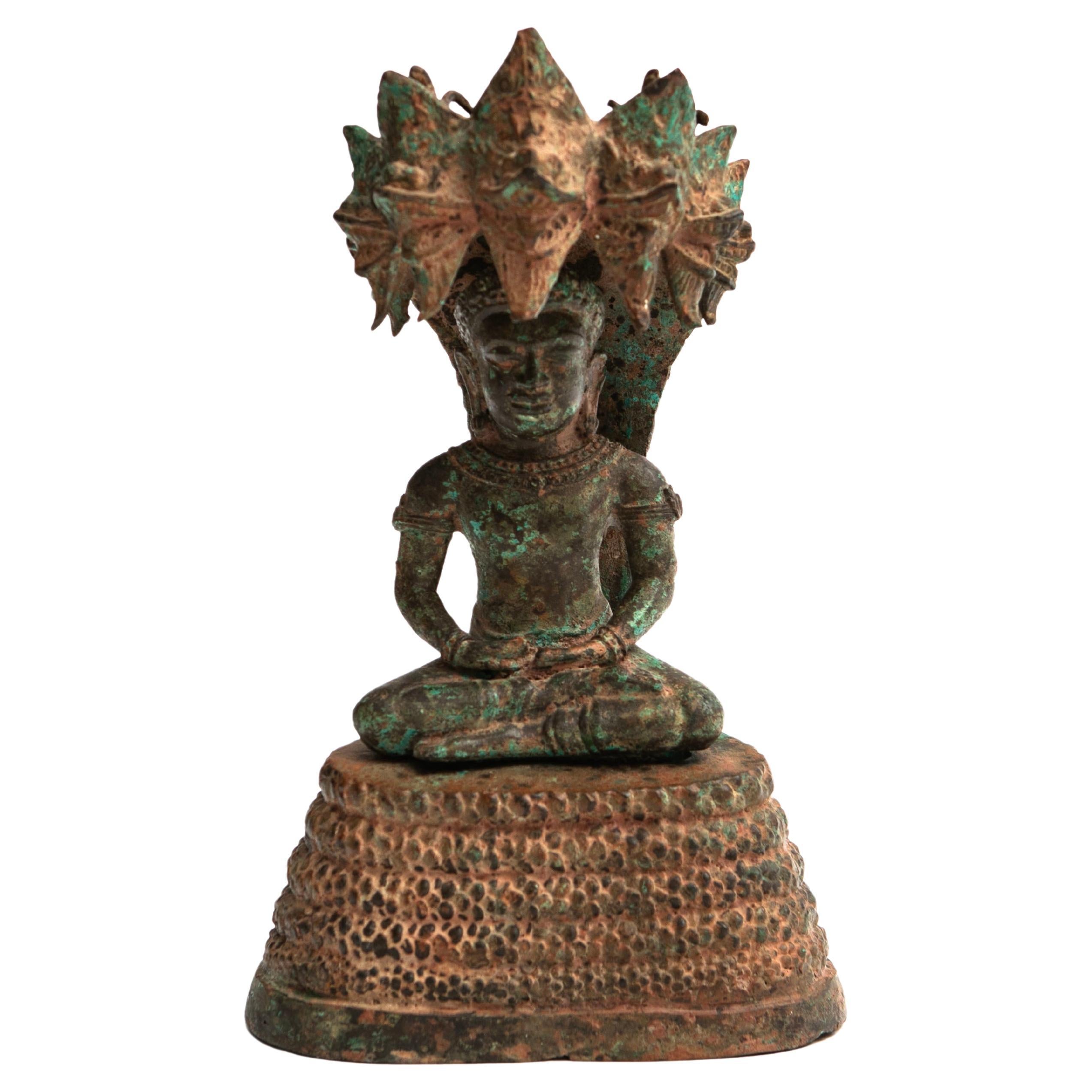 Antique 18-19th Century Bronze Naga Meditating Buddha Statue For Sale