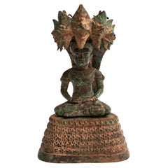 Statue de Bouddha méditant Naga en bronze antique du 18e-19e siècle