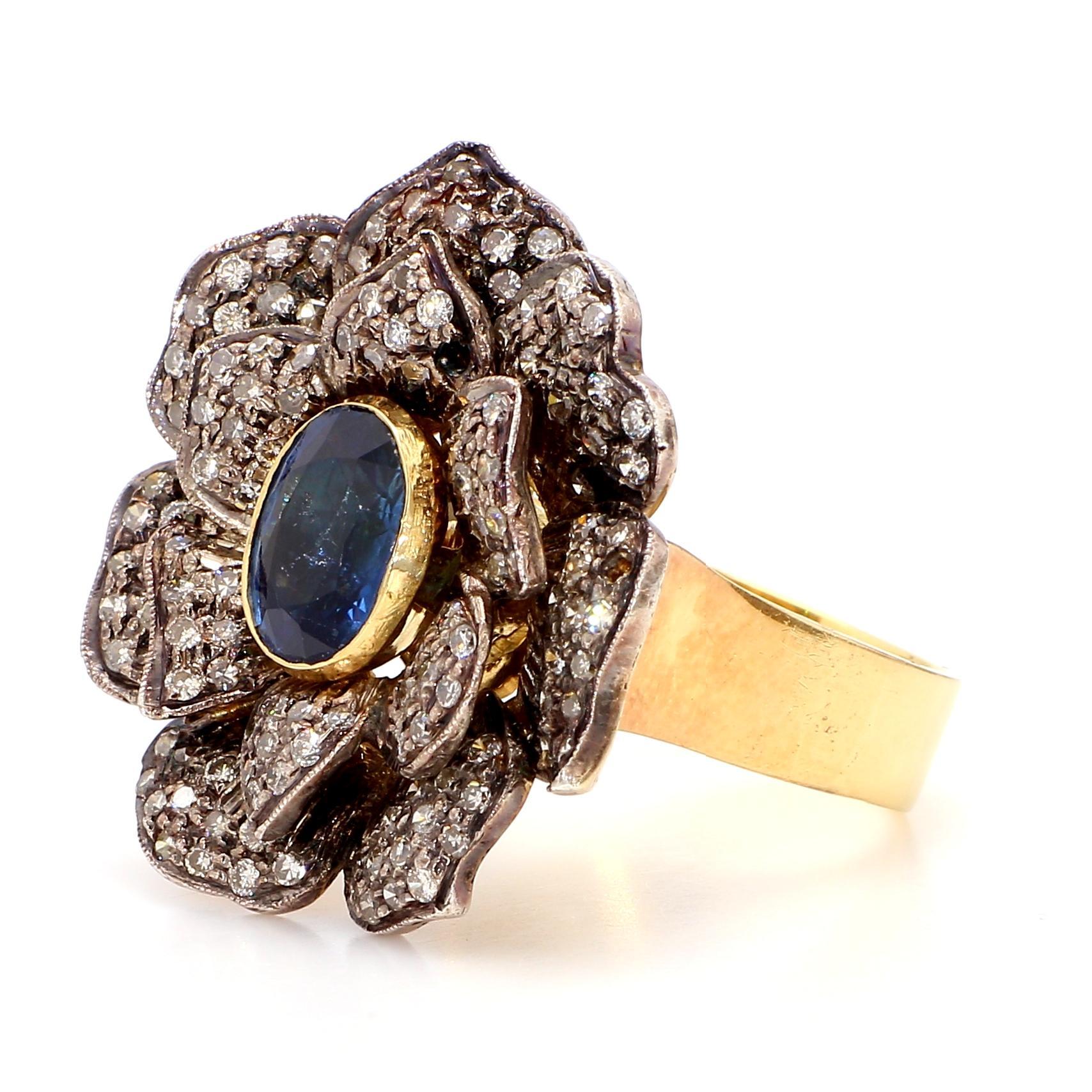 Oval Cut Antique 1.8 Carat Blue Sapphire and 1.6 Carat Diamond 18K Gold Ring For Sale