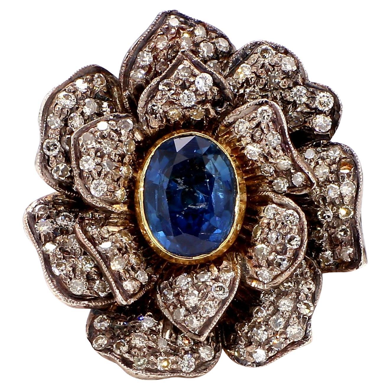 Antique 1.8 Carat Blue Sapphire and 1.6 Carat Diamond 18K Gold Ring