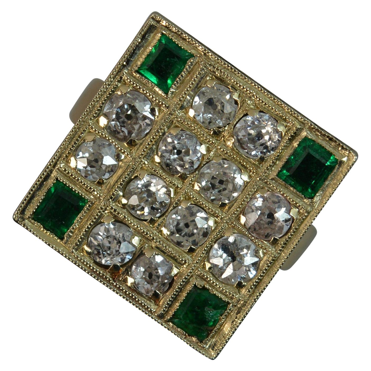 Antique 18 Carat Gold 1.2 Carat Old Cut Diamond Emerald Square Panel Ring