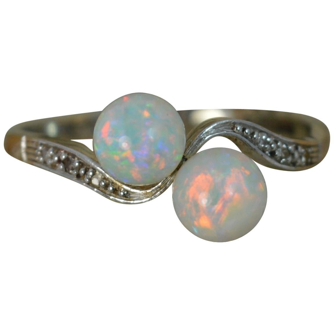 Antique 18 Carat Gold and Platinum Opal Ball Toi et Moi Ring with Diamonds