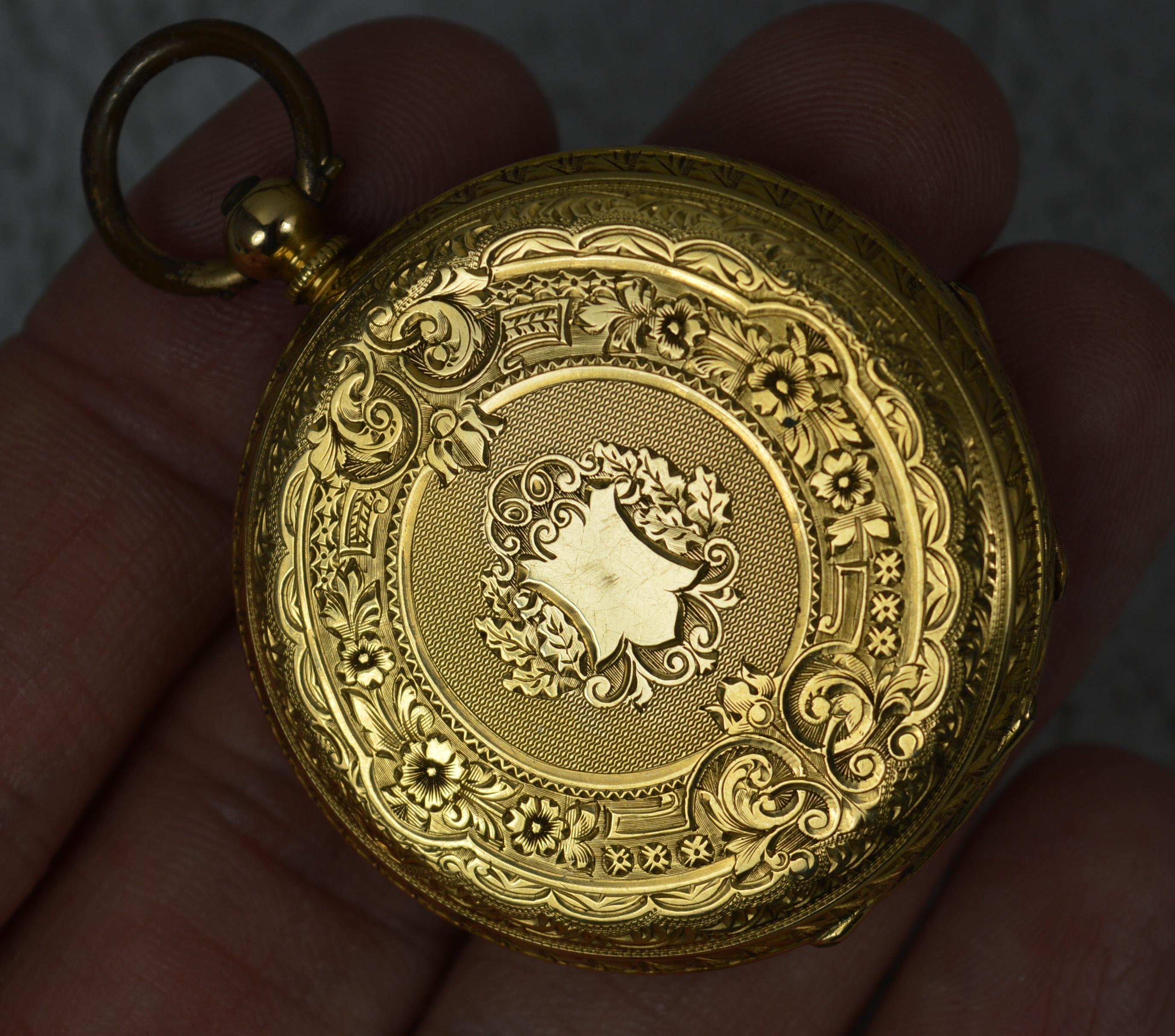 
A fine antique fob pocket watch.

Solid 18 carat gold example with floral engraving throughout the piece.

Complete with fine gilt dial.


Condition ; Very good. Clean and crisp design to the case. Working hinge. Winds and sets hands okay. Clean