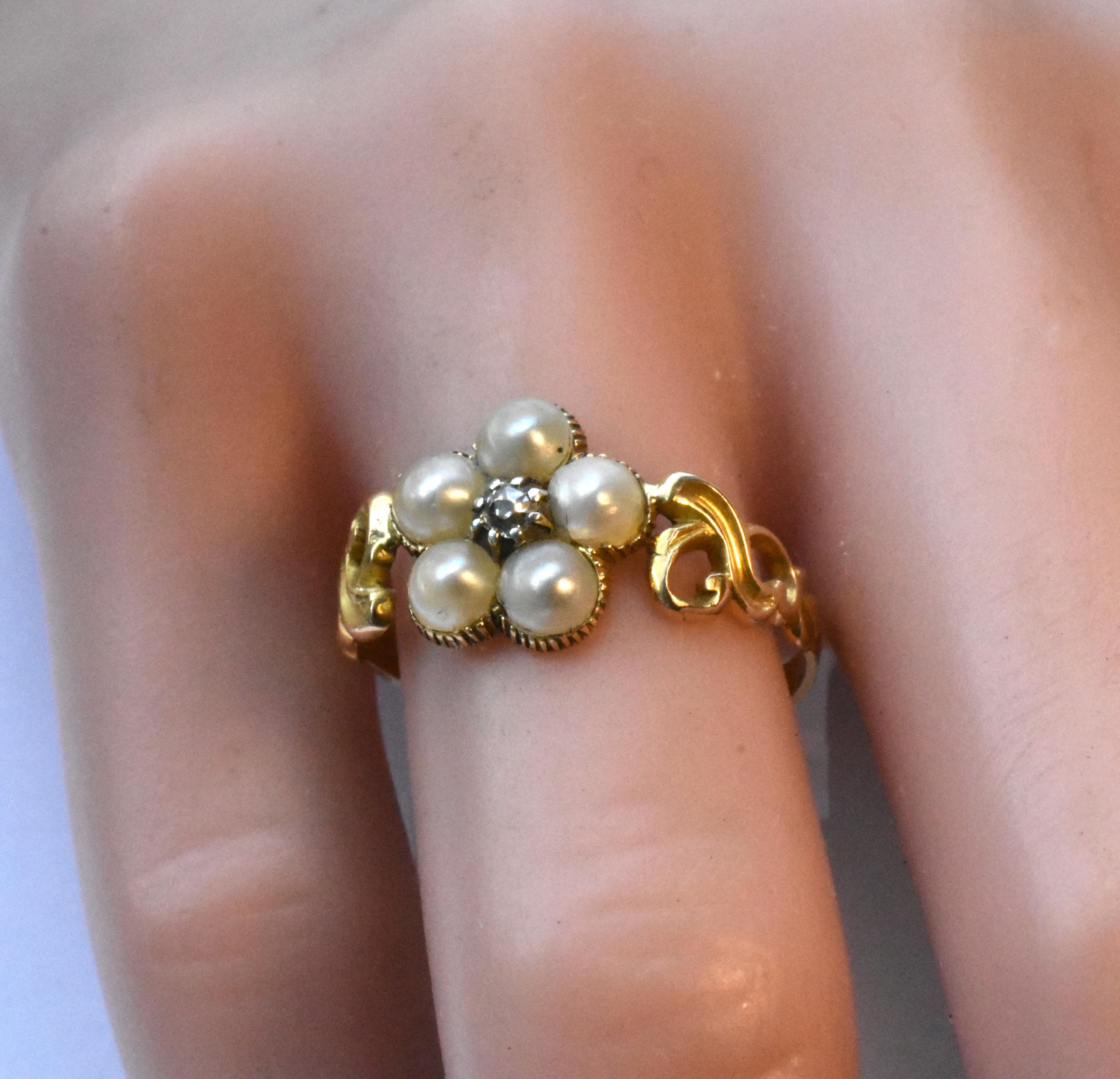 Women's Antique 18 Carat Gold Pearl Daisy Cluster Ring