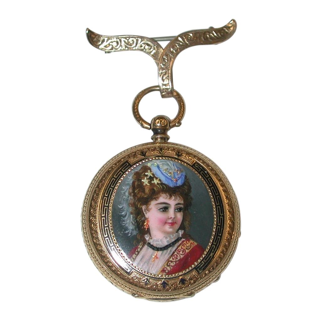 Antique 18 Carat Ladies Enamelled Watch with 9 Carat Pinned Bow, circa 1890 For Sale
