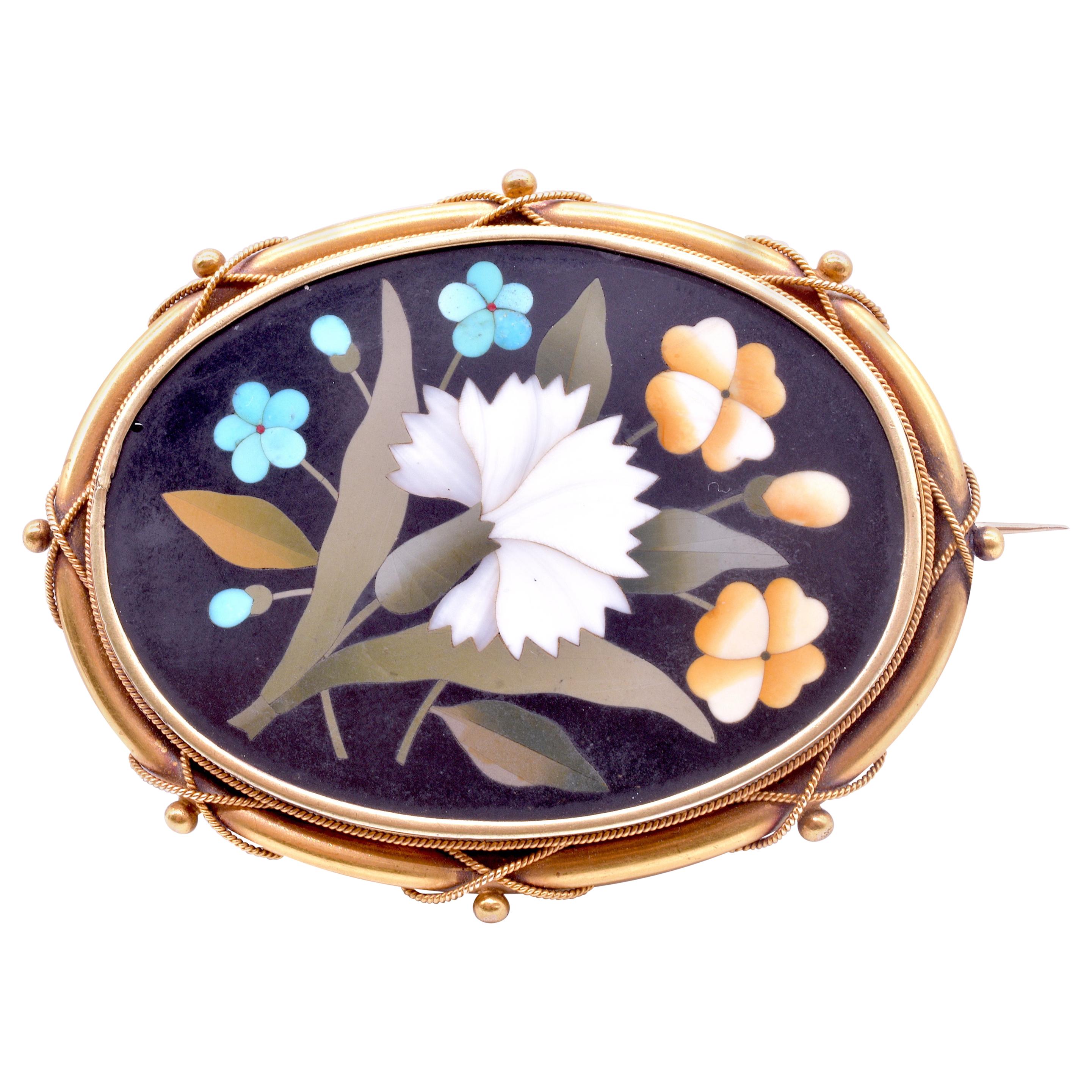 Antique 18 Carat Pietra-Dura Oval Flower Brooch with Gold Mount, c1860