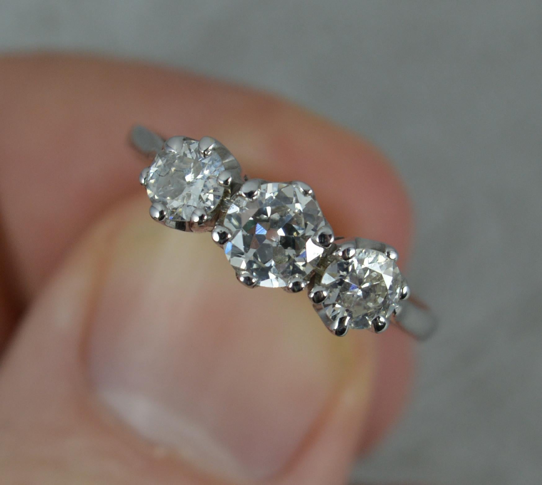 Antique 18 Carat White Gold 1.00 Carat Old Cut Diamond Trilogy Ring In Excellent Condition In St Helens, GB
