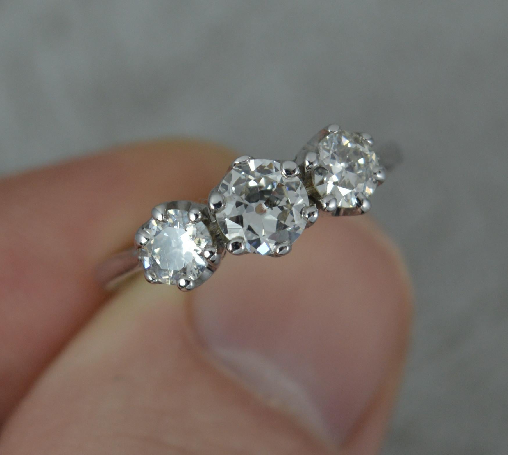 Women's Antique 18 Carat White Gold 1.00 Carat Old Cut Diamond Trilogy Ring