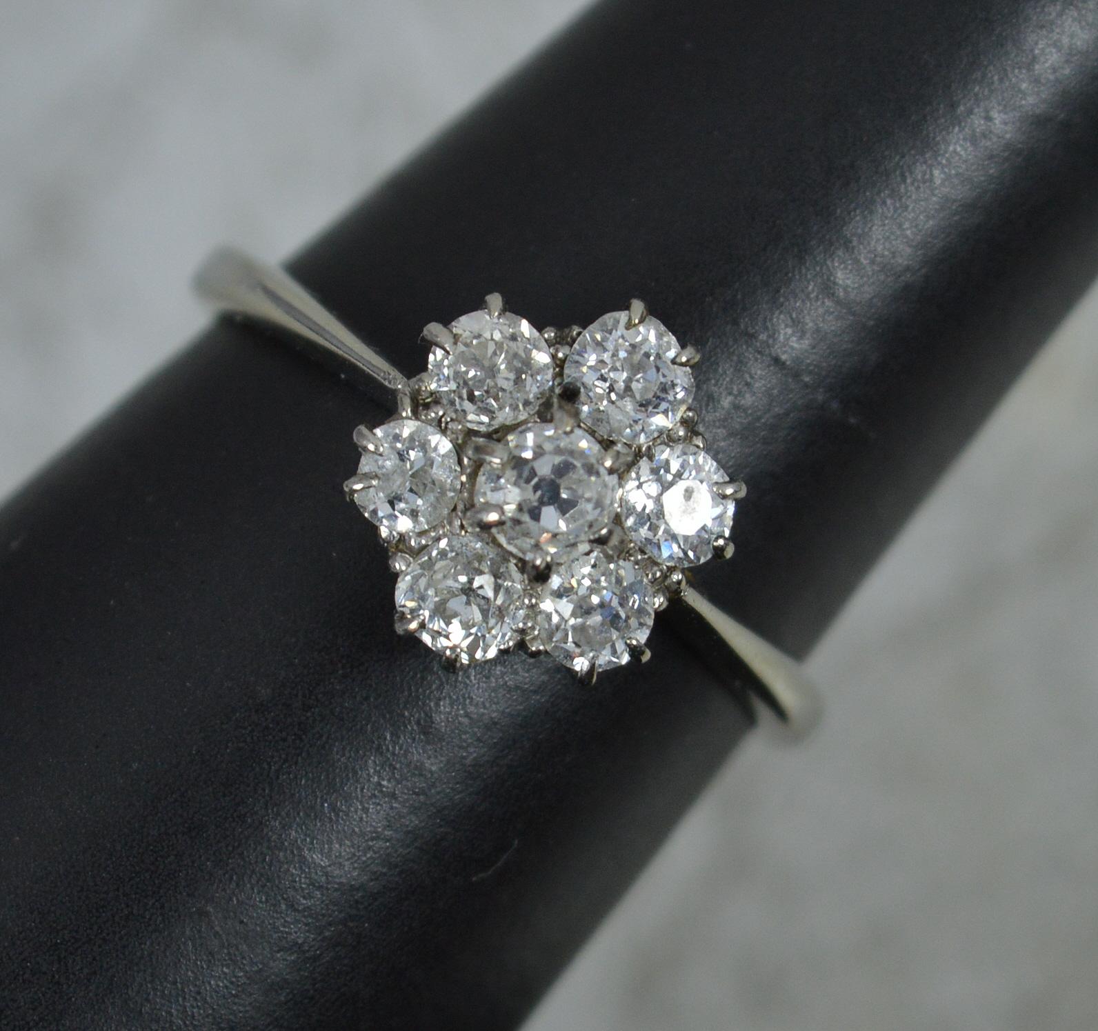 Antique 18 Carat White Gold and 0.8 Carat Old Cut Diamond Daisy Cluster Ring For Sale 3