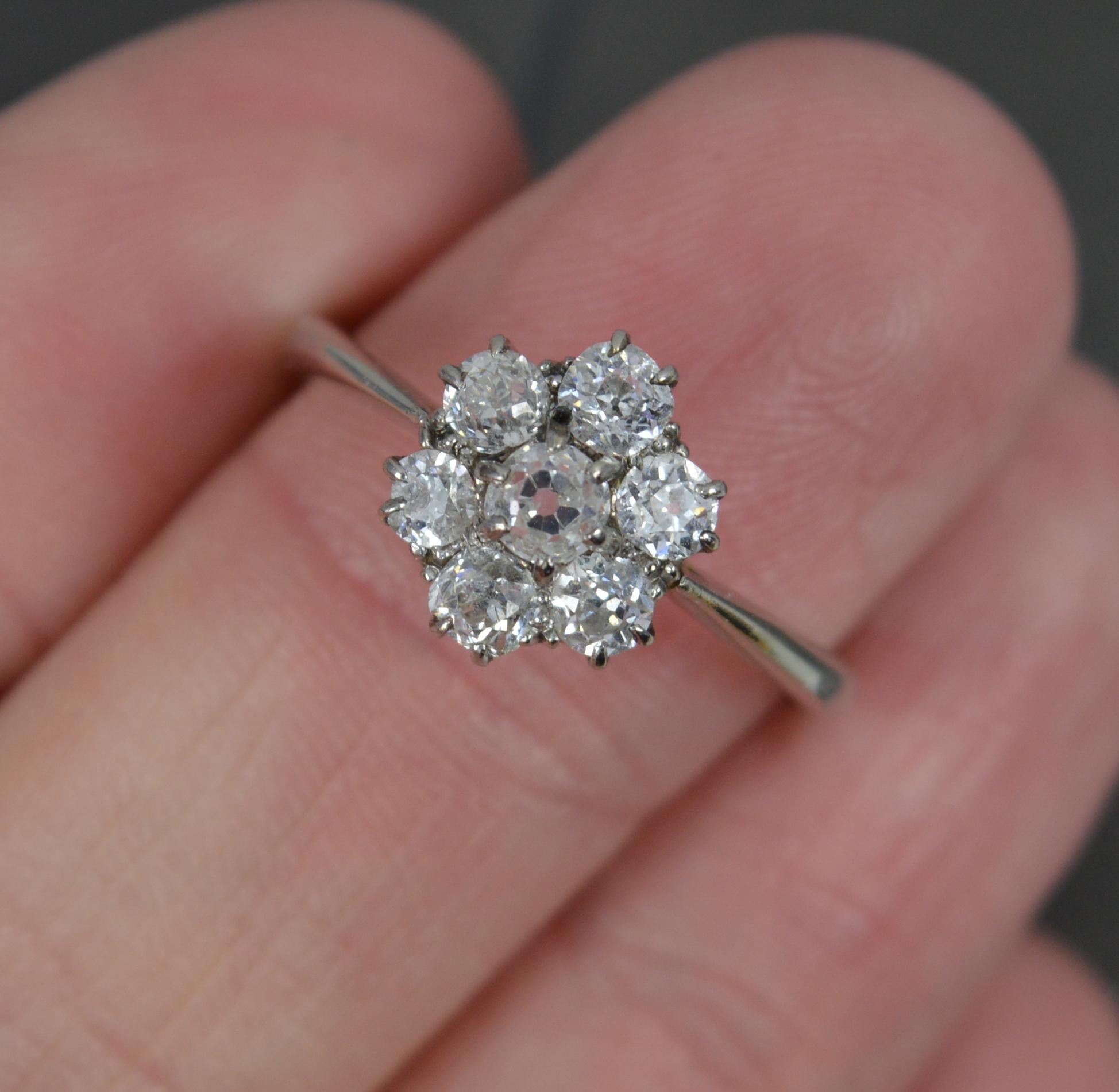 Old European Cut Antique 18 Carat White Gold and 0.8 Carat Old Cut Diamond Daisy Cluster Ring