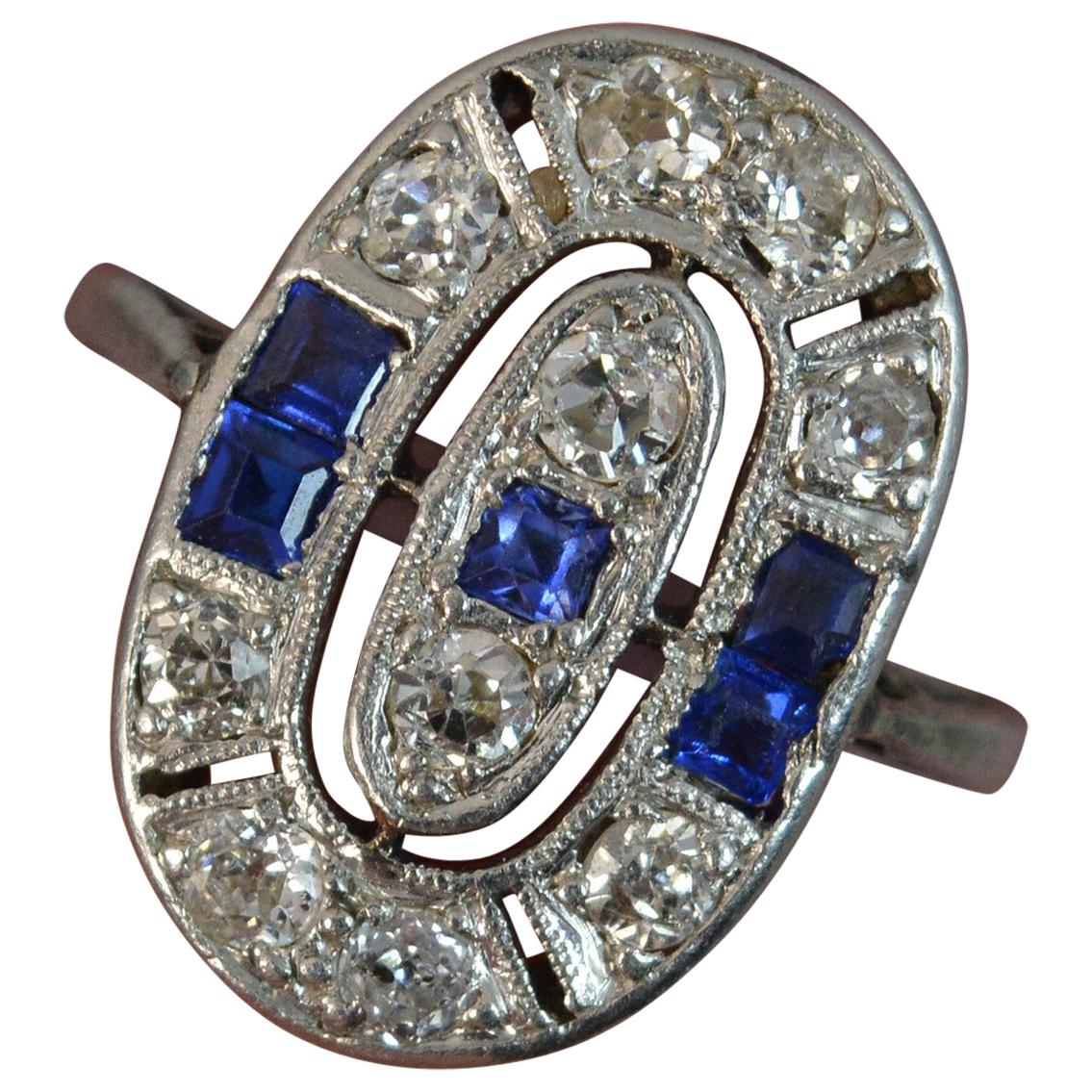 Antique 18 Carat White Gold Sapphire and Diamond Panel Cluster Ring