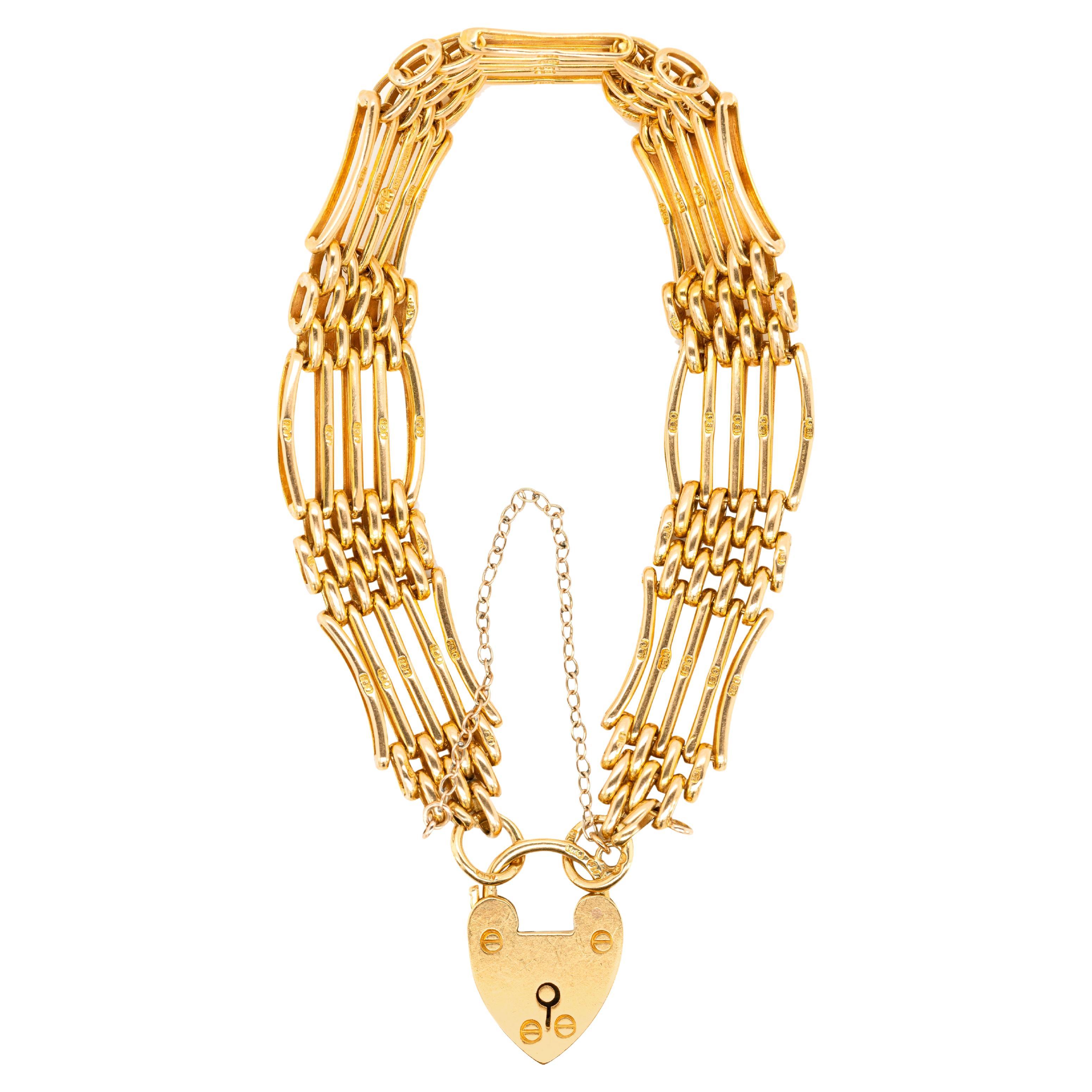 Antique 18 Carat Yellow Gold Heart Padlock Gate Bracelet, 1913