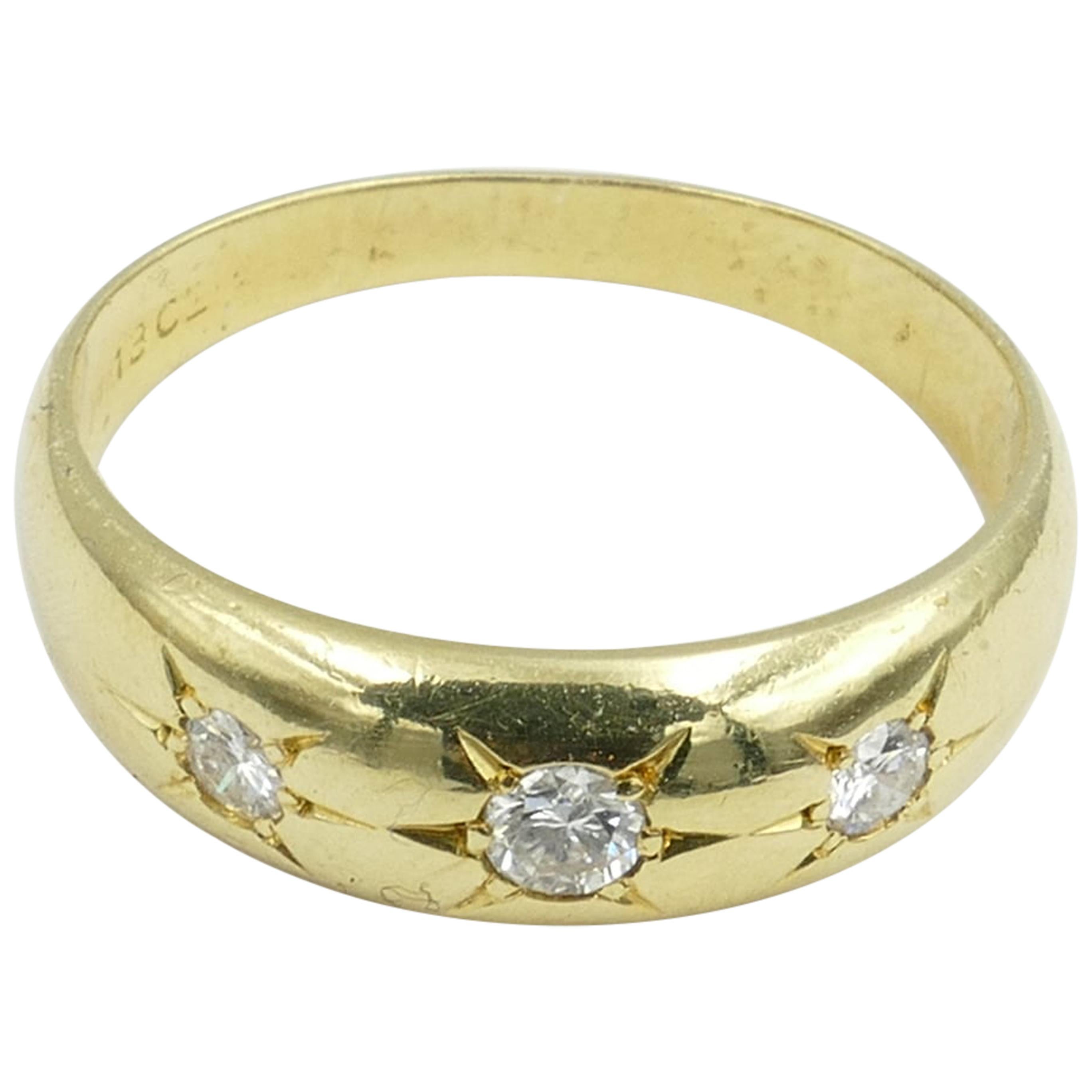 Antique 18 Carat Yellow Gold High Quality 3 Diamond Gypsy Ring
