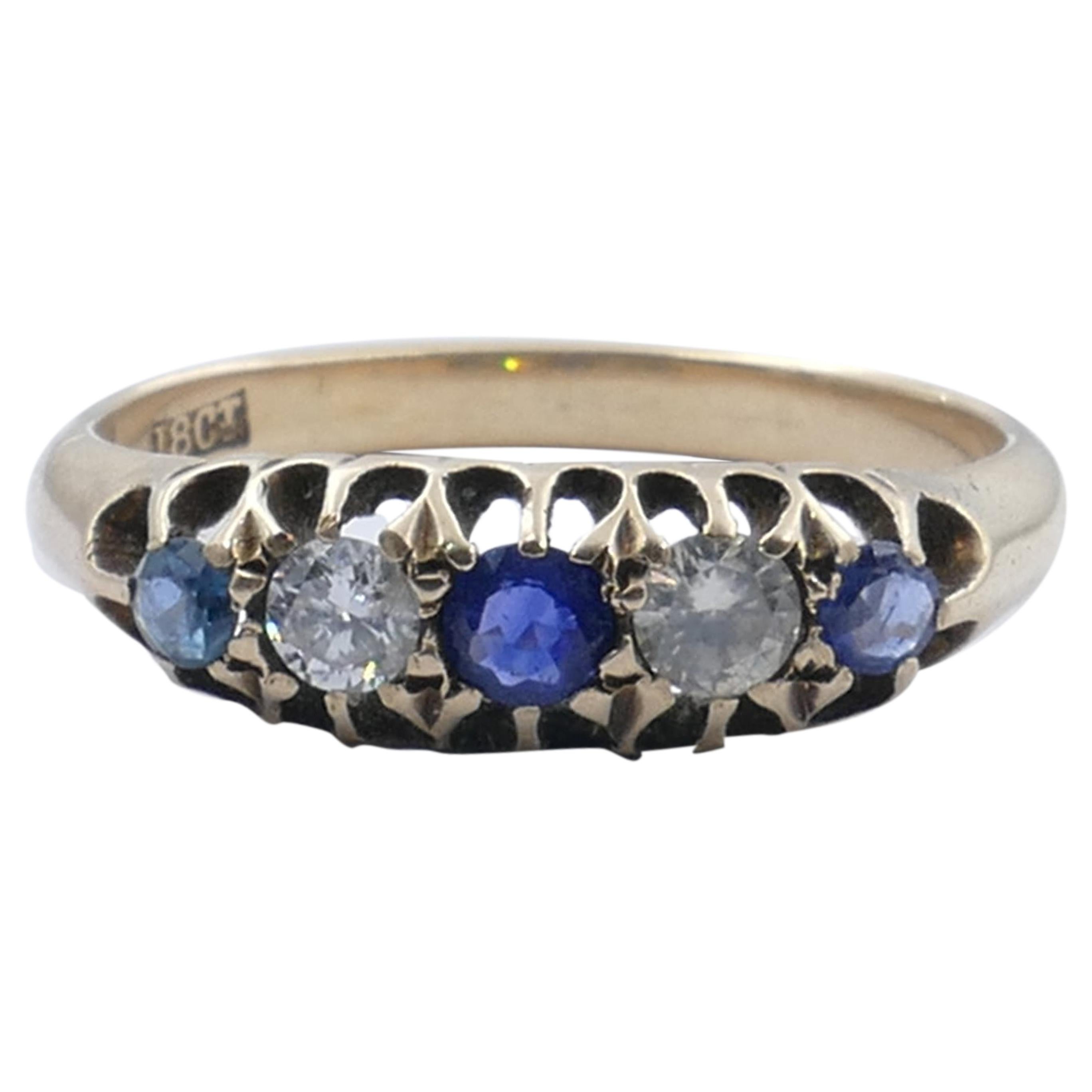 Antique 18 Carat Yellow Gold Sapphire and Old European Cut Diamond Ring For Sale