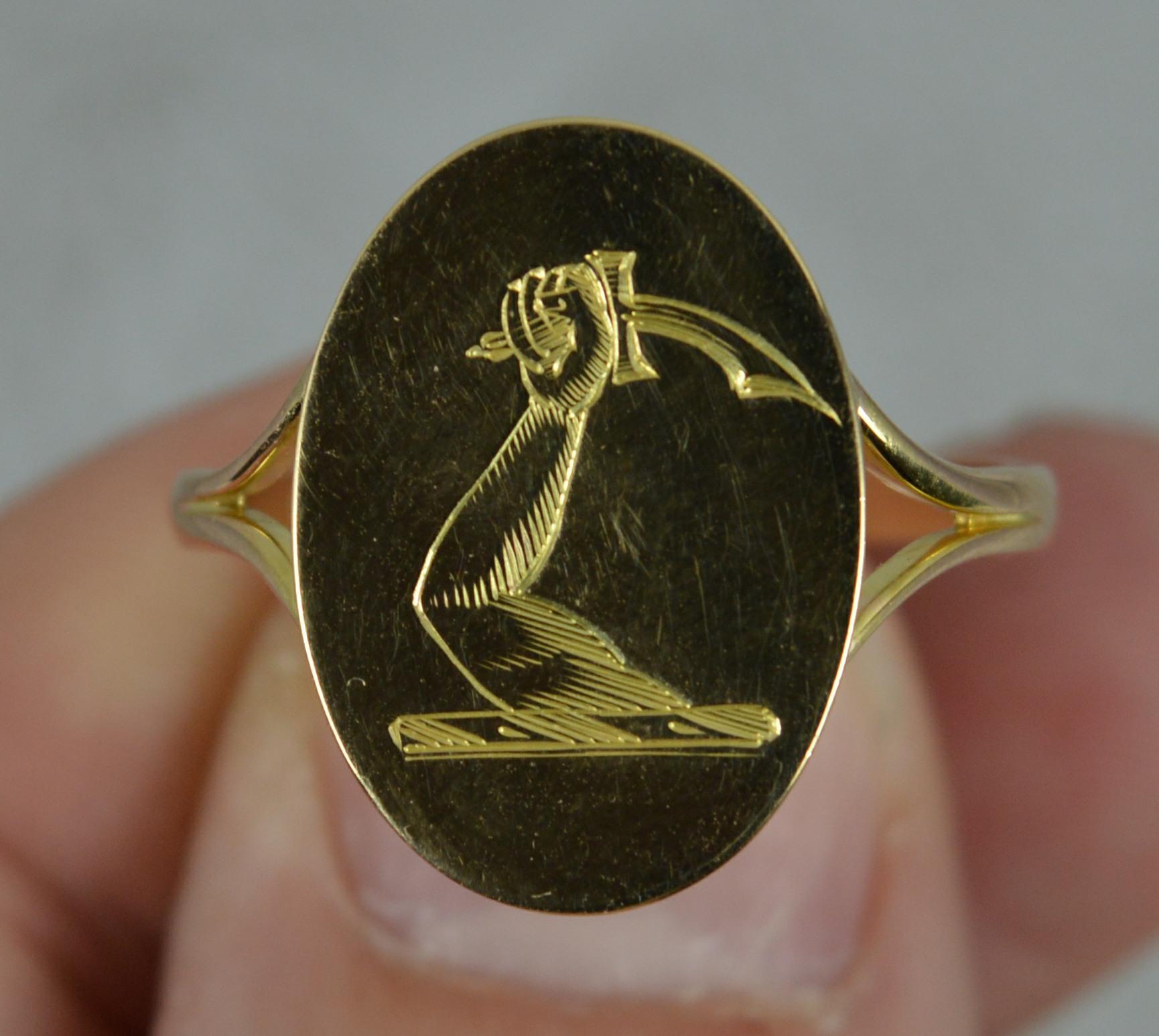 Antique 18 Carat Yellow Gold Sword in Hand Engraved Signet Ring For Sale 1