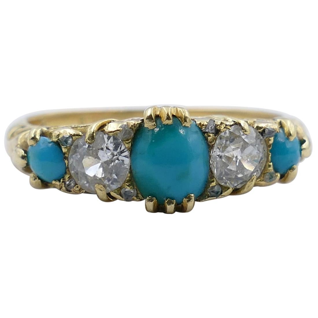Antique 18 Carat Yellow Gold Turquoise and Diamond Half Hoop Ring, circa 1900 For Sale