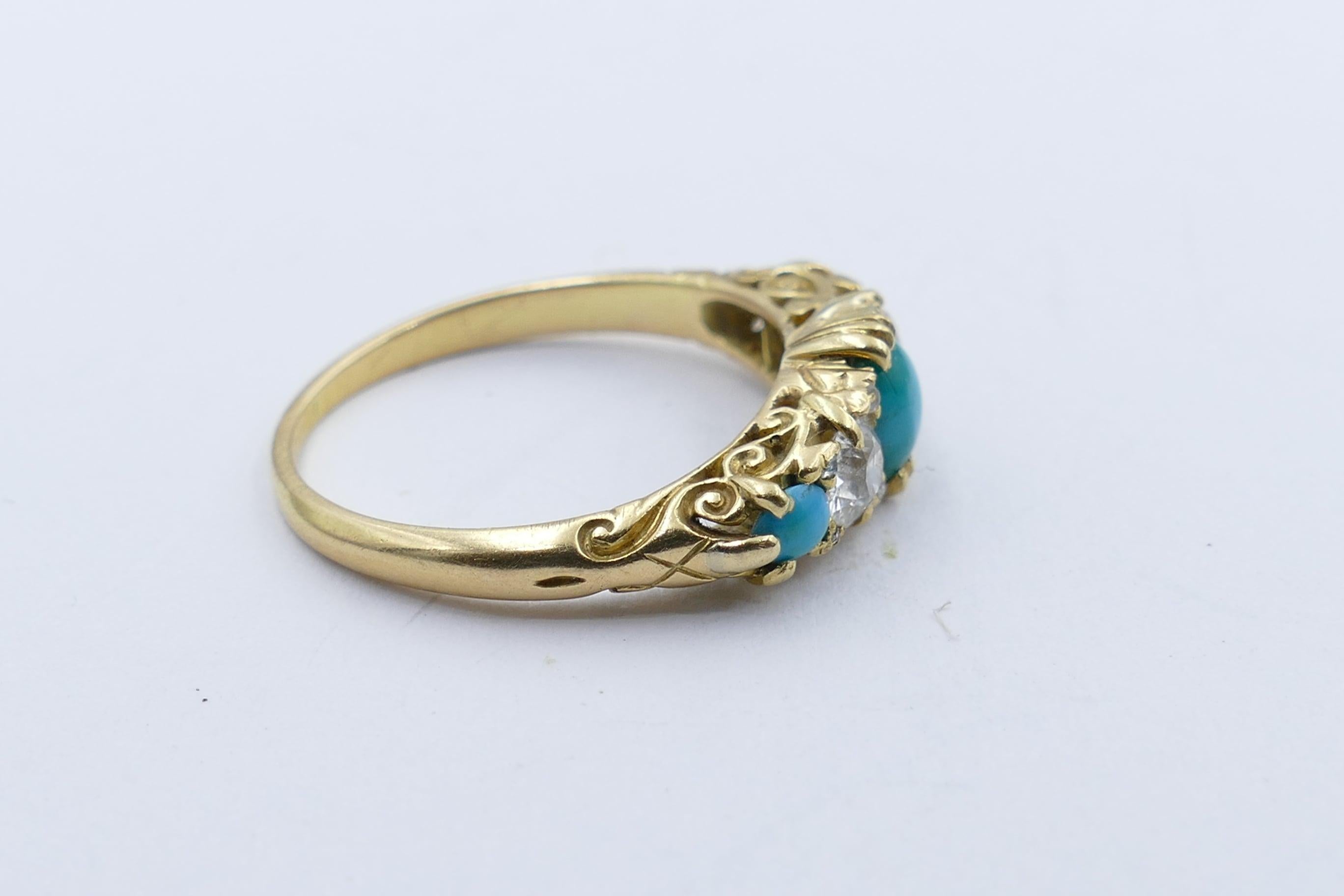 Victorian Antique 18 Carat Yellow Gold Turquoise and Diamond Half Hoop Ring, circa 1900 For Sale
