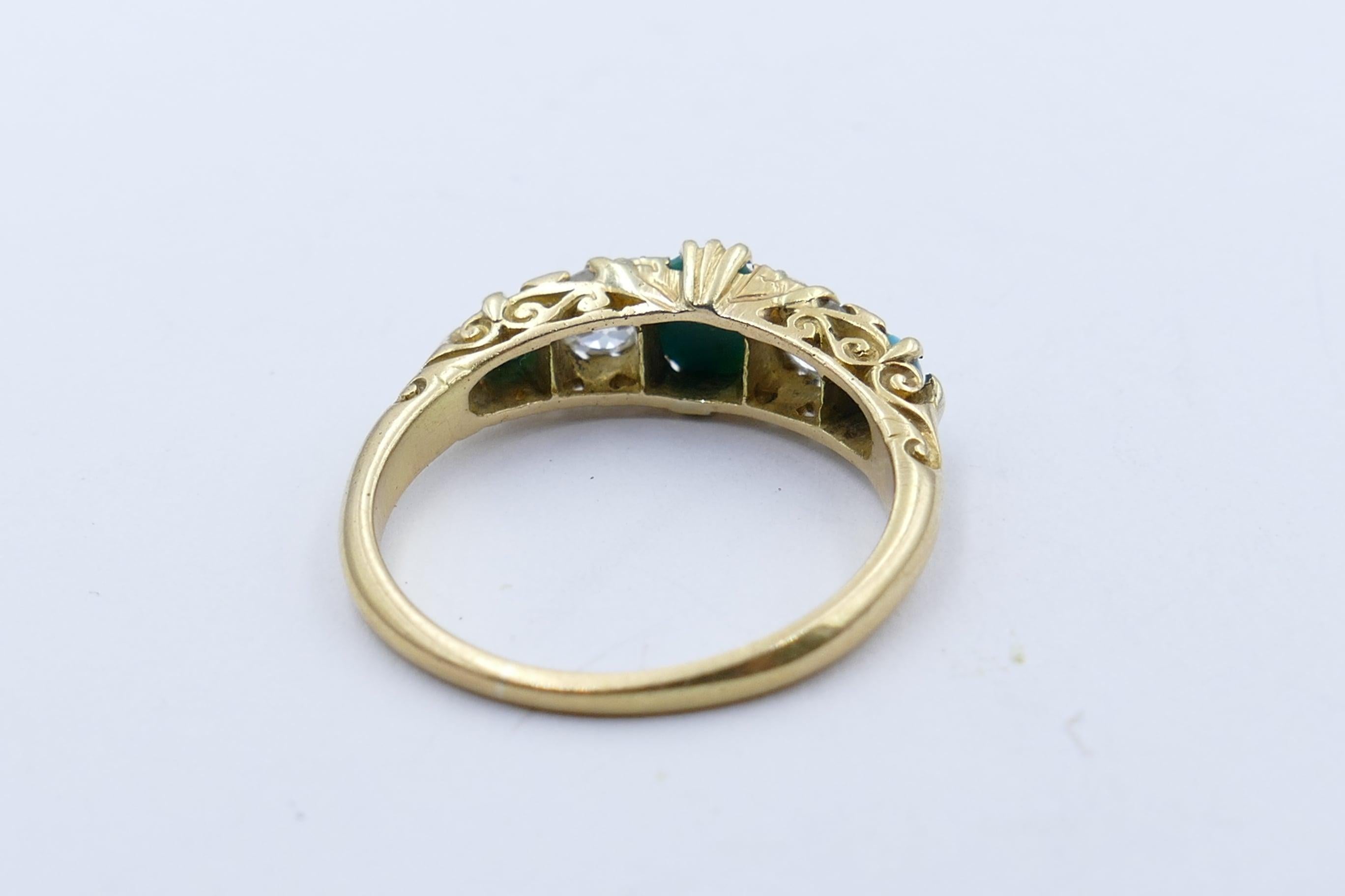 Mixed Cut Antique 18 Carat Yellow Gold Turquoise and Diamond Half Hoop Ring, circa 1900 For Sale