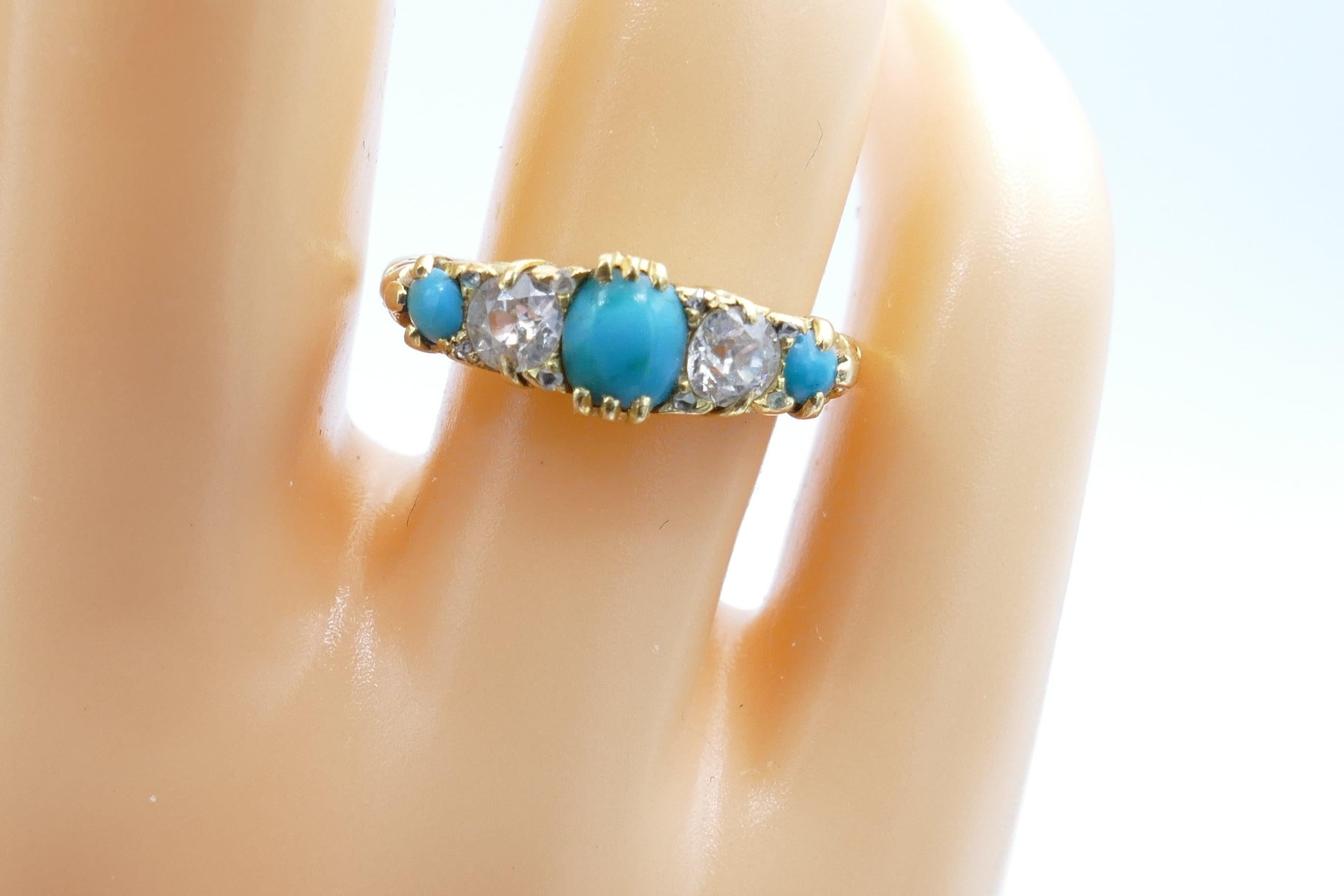 Antique 18 Carat Yellow Gold Turquoise and Diamond Half Hoop Ring, circa 1900 In Excellent Condition For Sale In Splitter's Creek, NSW