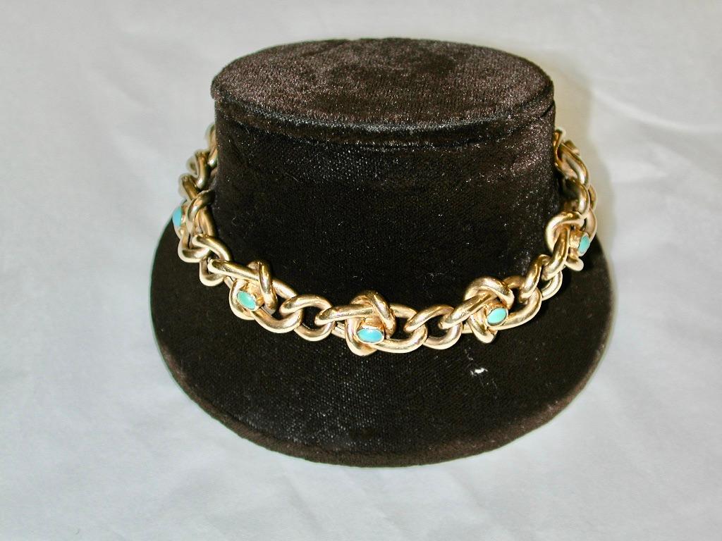 Cabochon Antique 18 Ct Gold & Turquoise Hollow Curb Bracelet Dated Circa 1900