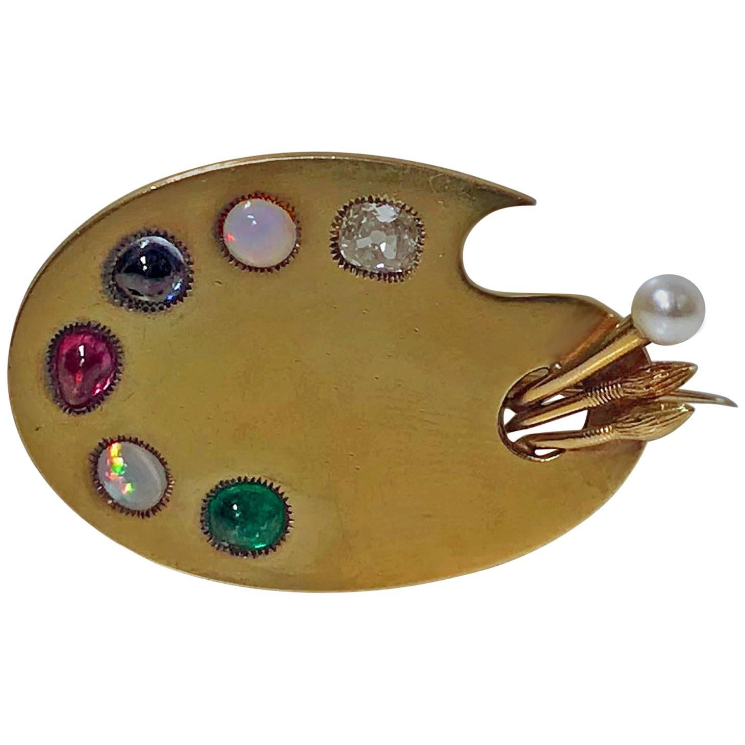 Antique 18-Karat Artist’s Paint Palette and Tools Brooch, circa 1900